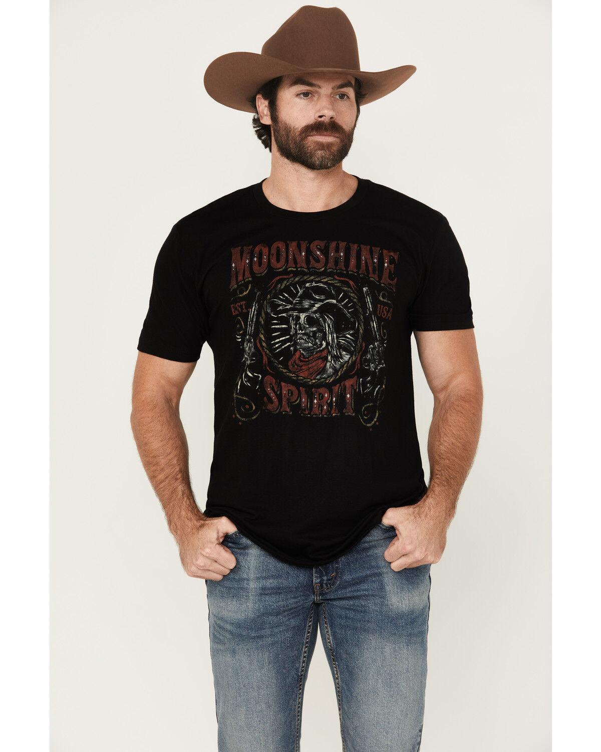 Moonshine Spirit Men's Skeleton Cowboy Short Sleeve Graphic T-Shirt
