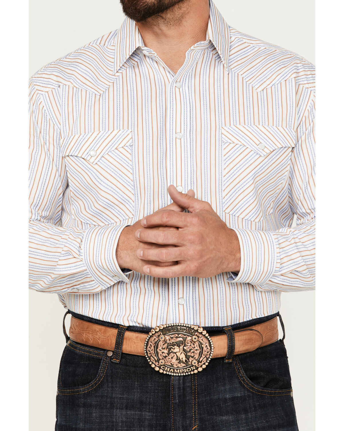 Rough Stock by Panhandle Men's Dobby Striped Print Long Sleeve Pearl Snap Western Shirt