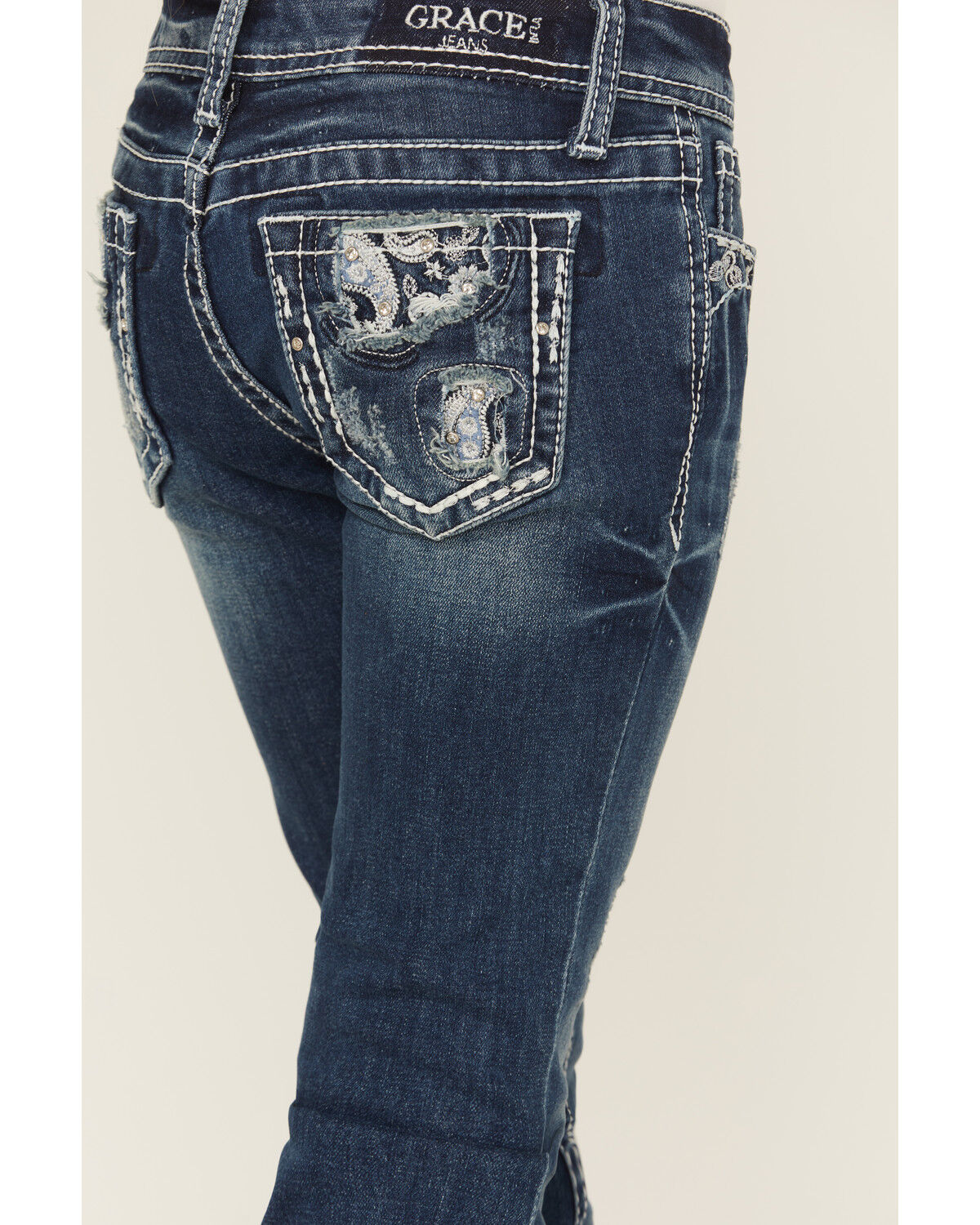 Grace In LA Girls' Paisley Embroidered Medium Wash Bootcut Stretch Denim Jeans