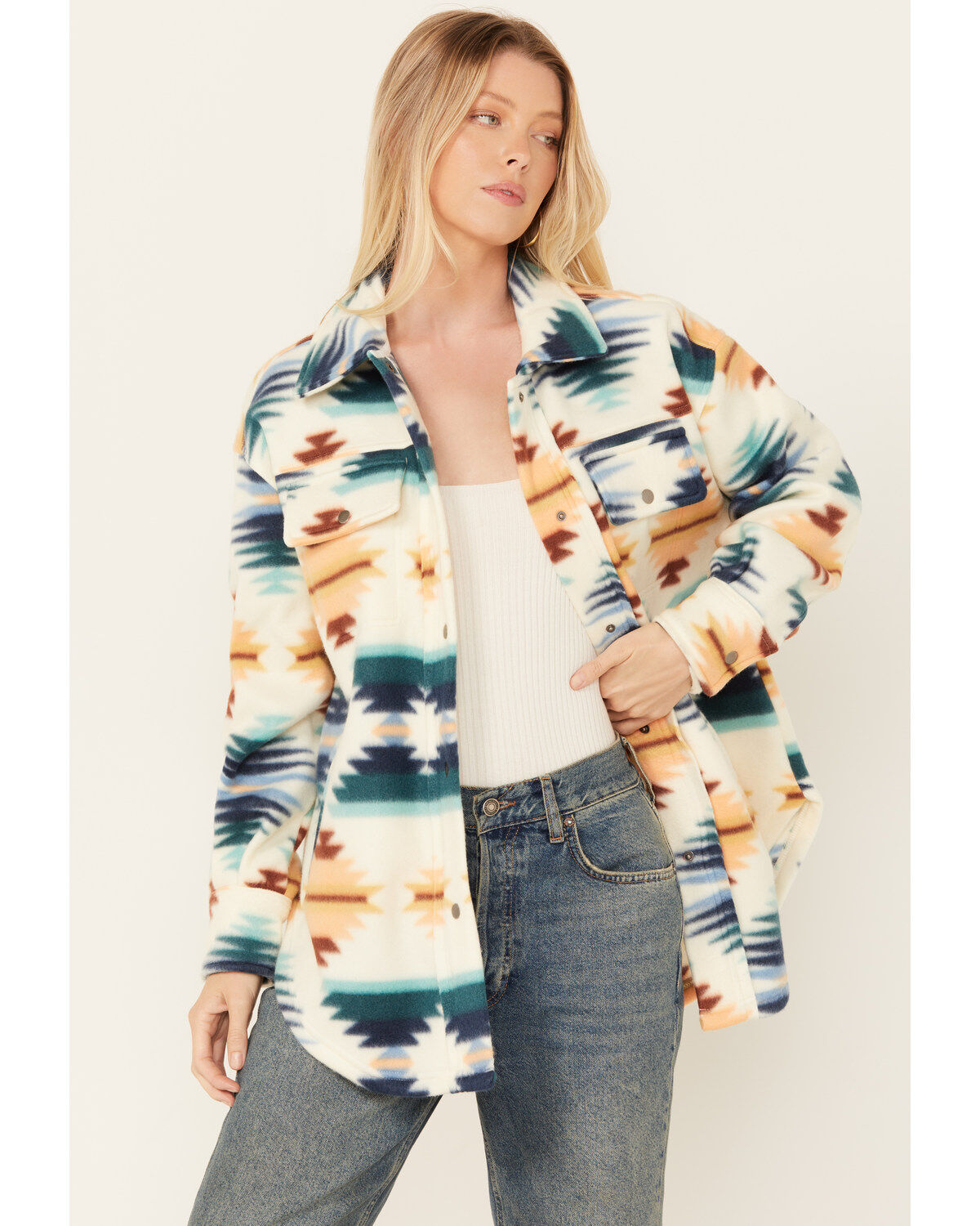 Fornia Women's Southwestern Print Polar Fleece Shacket