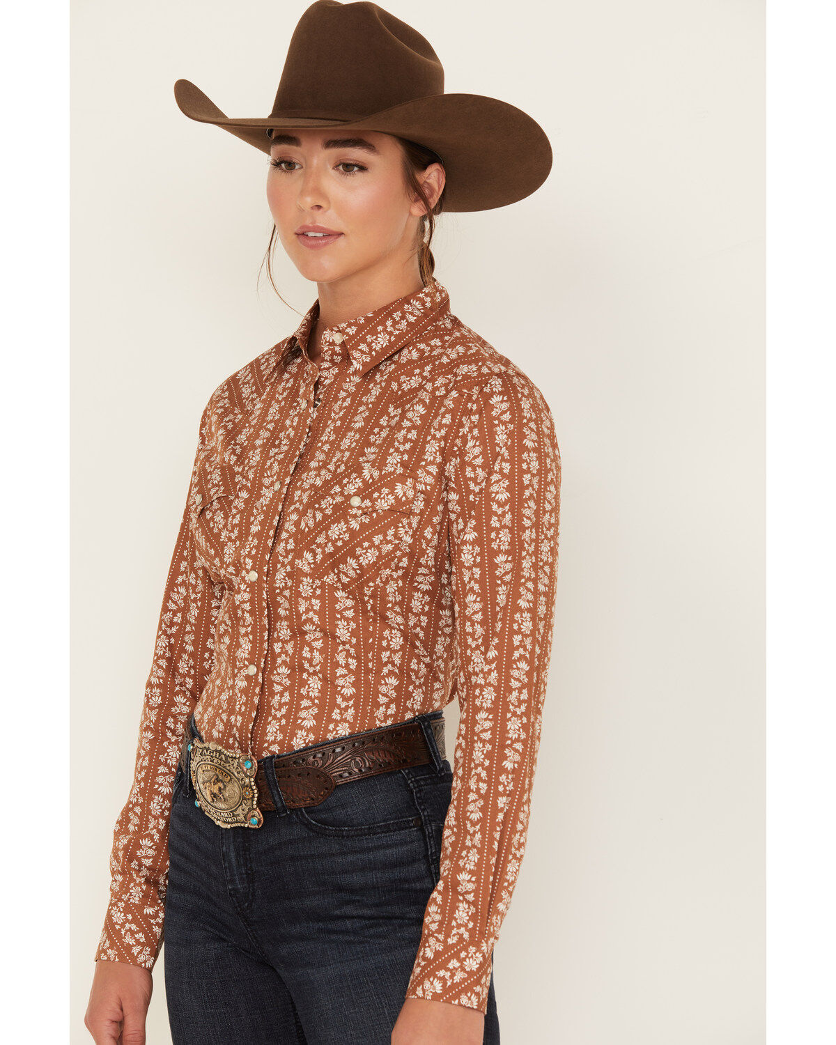 Wrangler Women's Boot Barn Exclusive Floral Dot Stripe Print Long Sleeve Western Pearl Snap Shirt