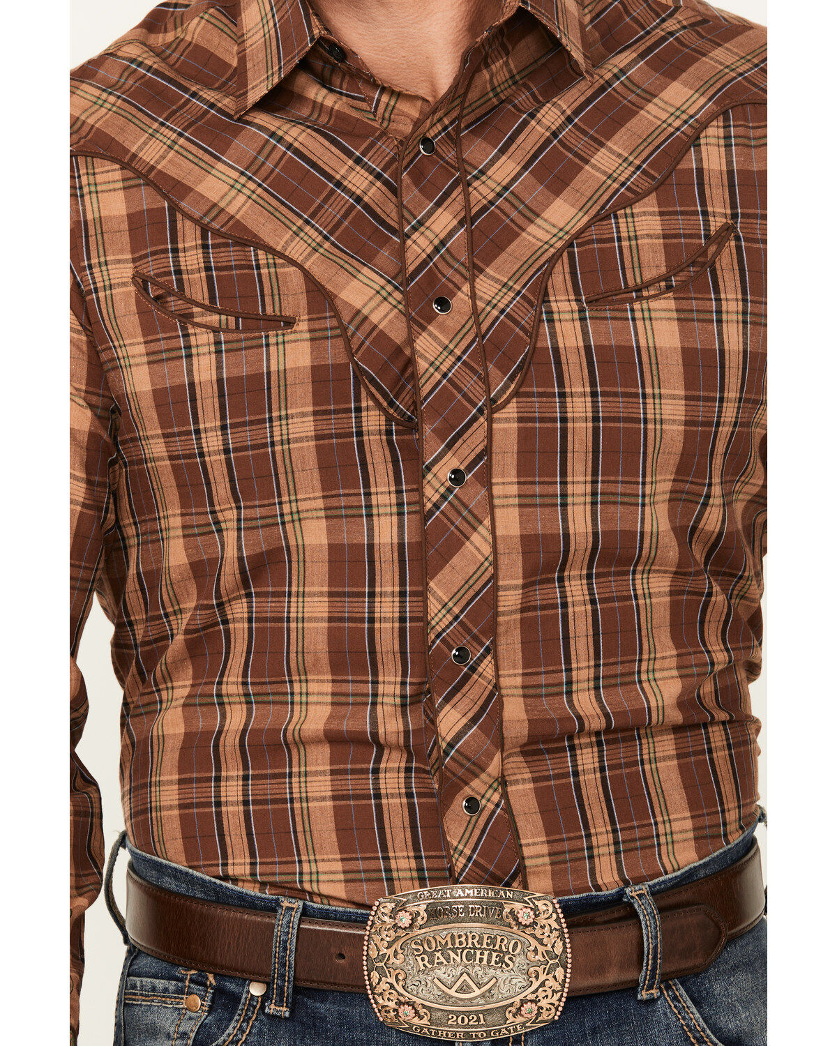 Roper Men's Plaid Print Embroidered Long Sleeve Snap Western Shirt