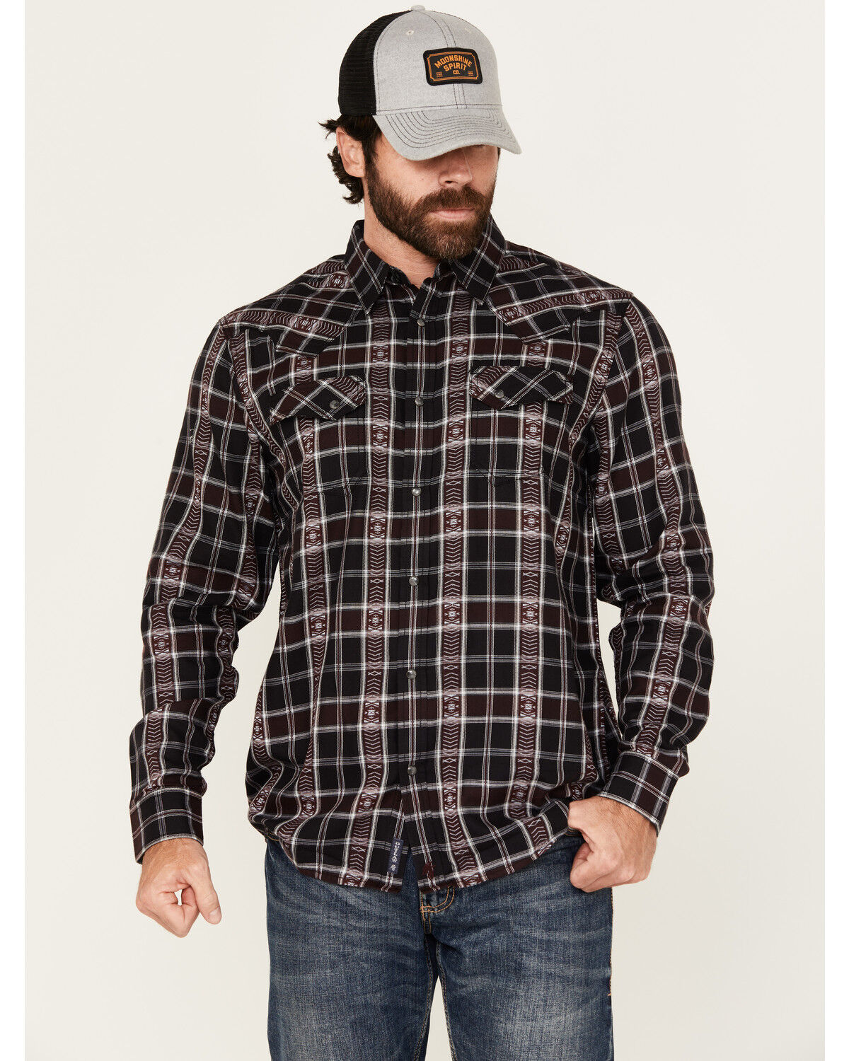 Moonshine Spirit Men's Dobby Plaid Print Long Sleeve Snap Wester Shirt