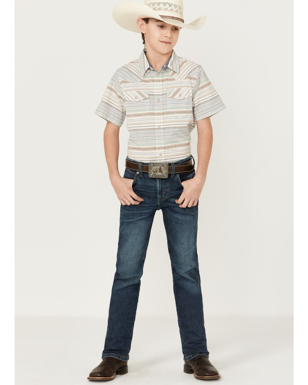 Cody James Boys' Faithful Striped Short Sleeve Western Shirt