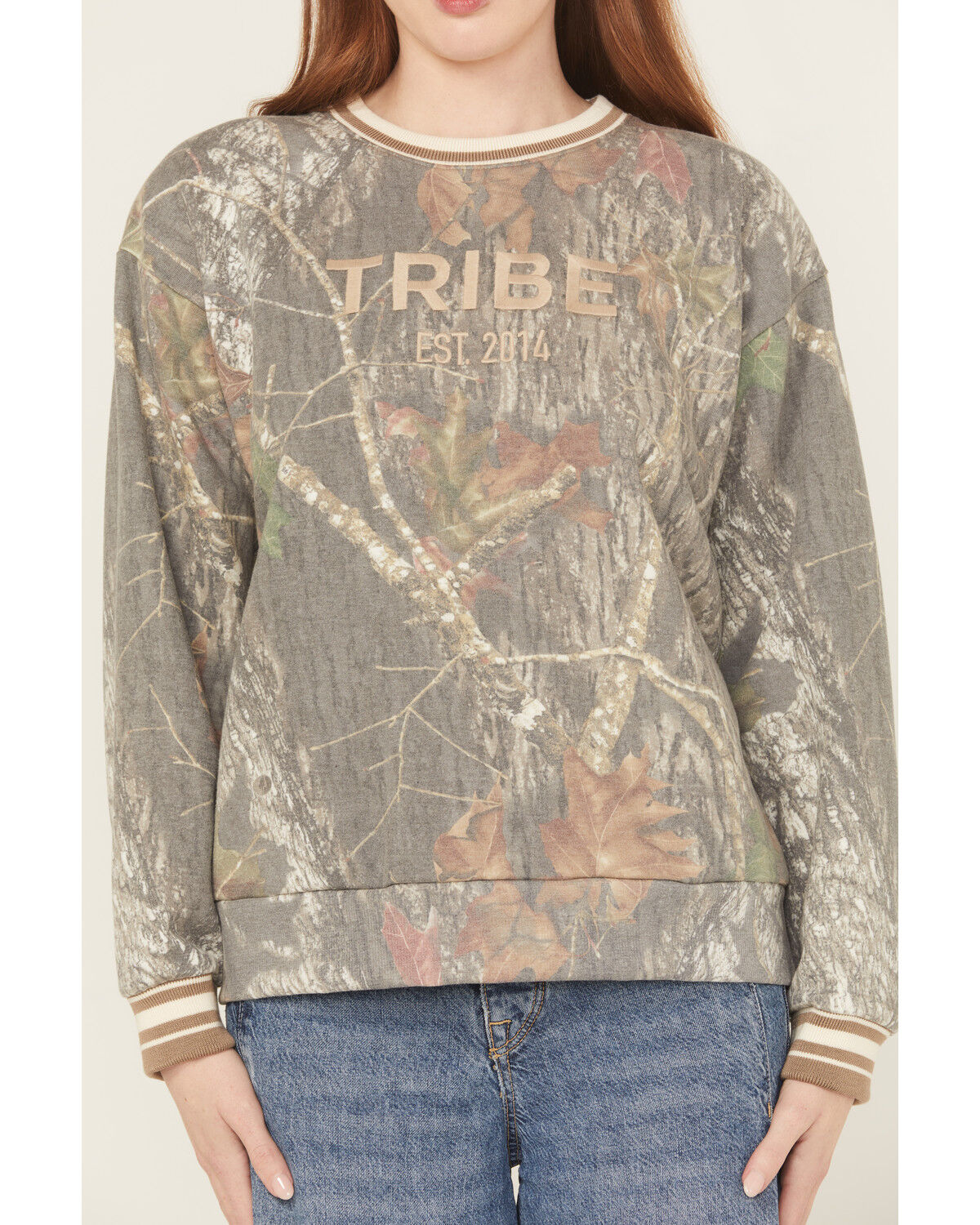 Tribe Kelley Women's Camo Print Varsity Crewneck