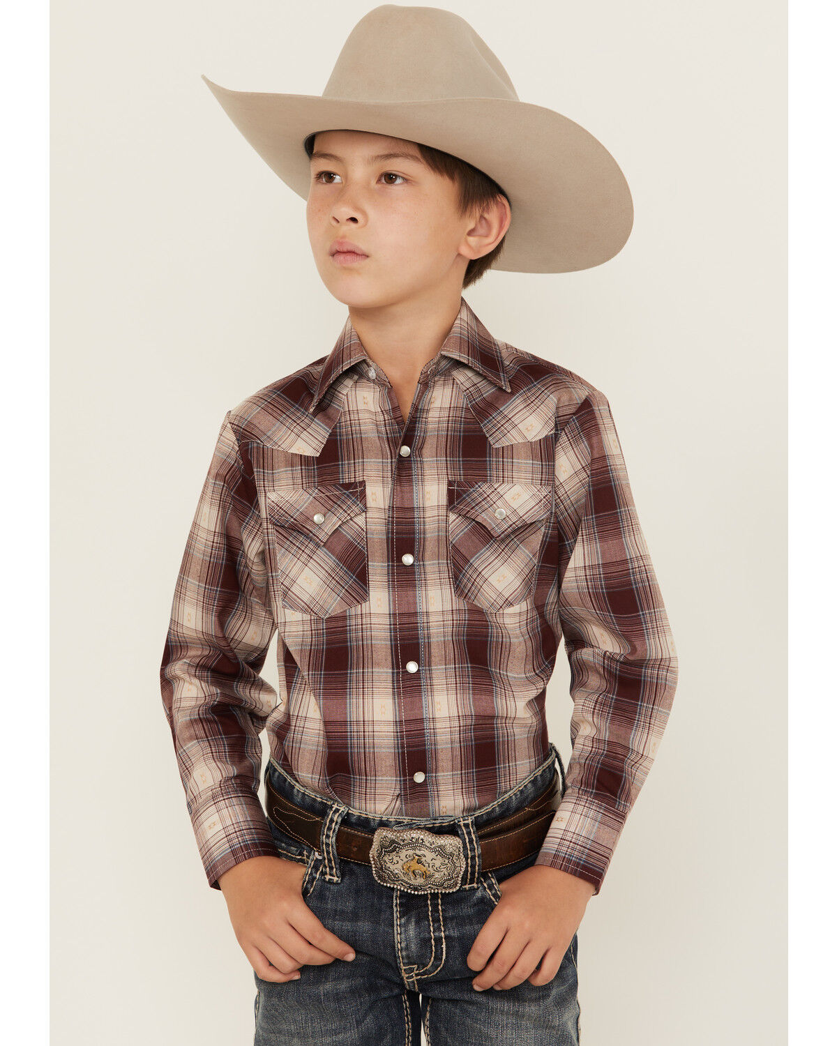 Ely Walker Boys' Plaid Print Long Sleeve Pearl Snap Western Shirt