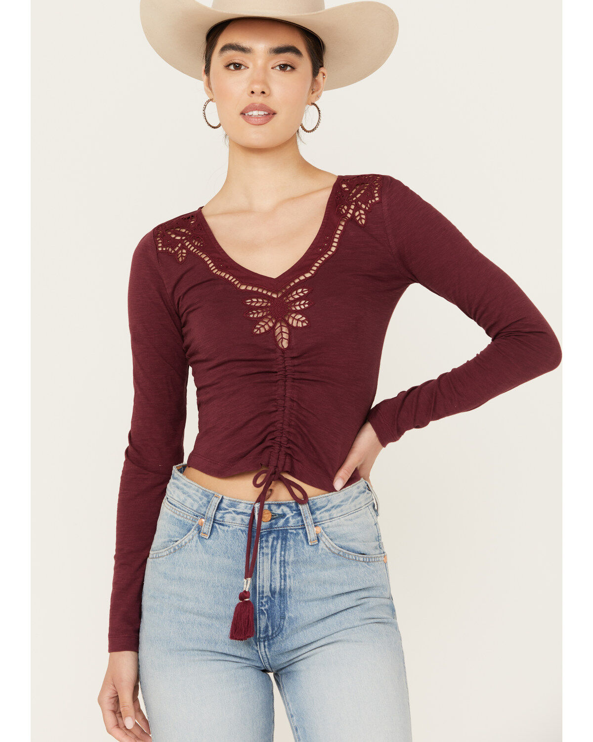 Shyanne Women's Long Sleeve Cutwork Front Tie Top