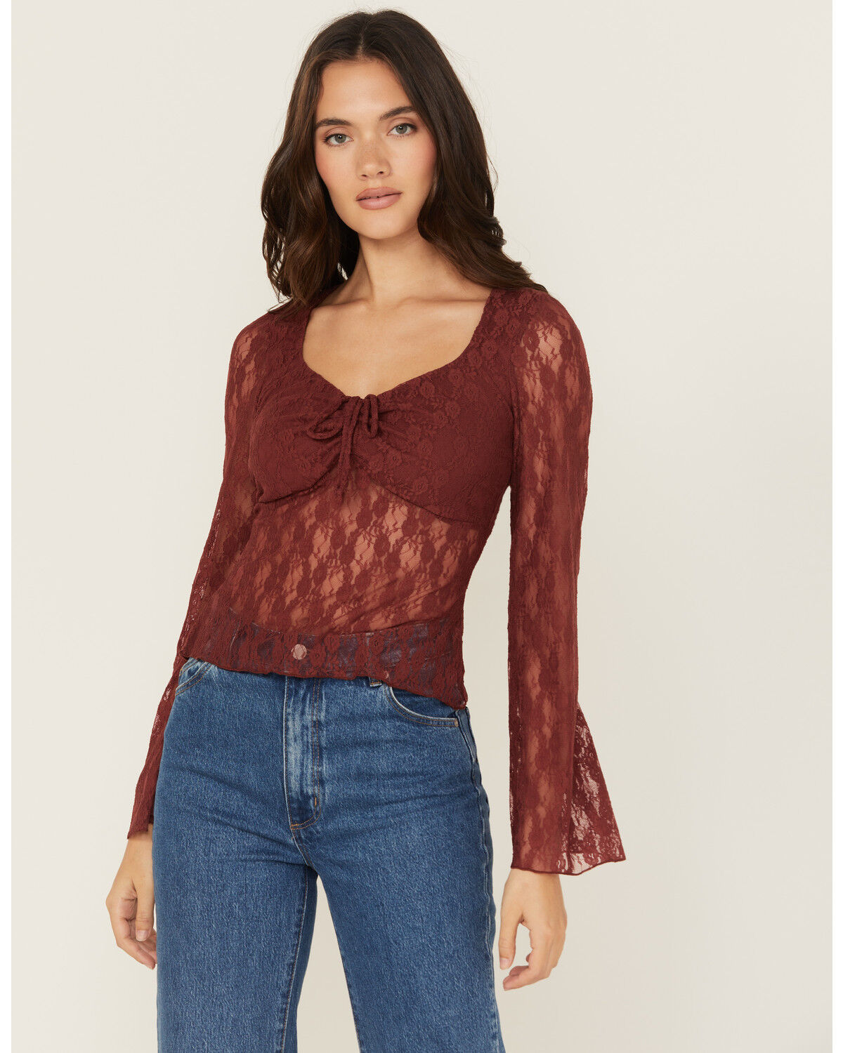Trixxi Women's Solid Lace Long Bell Sleeve Shirt