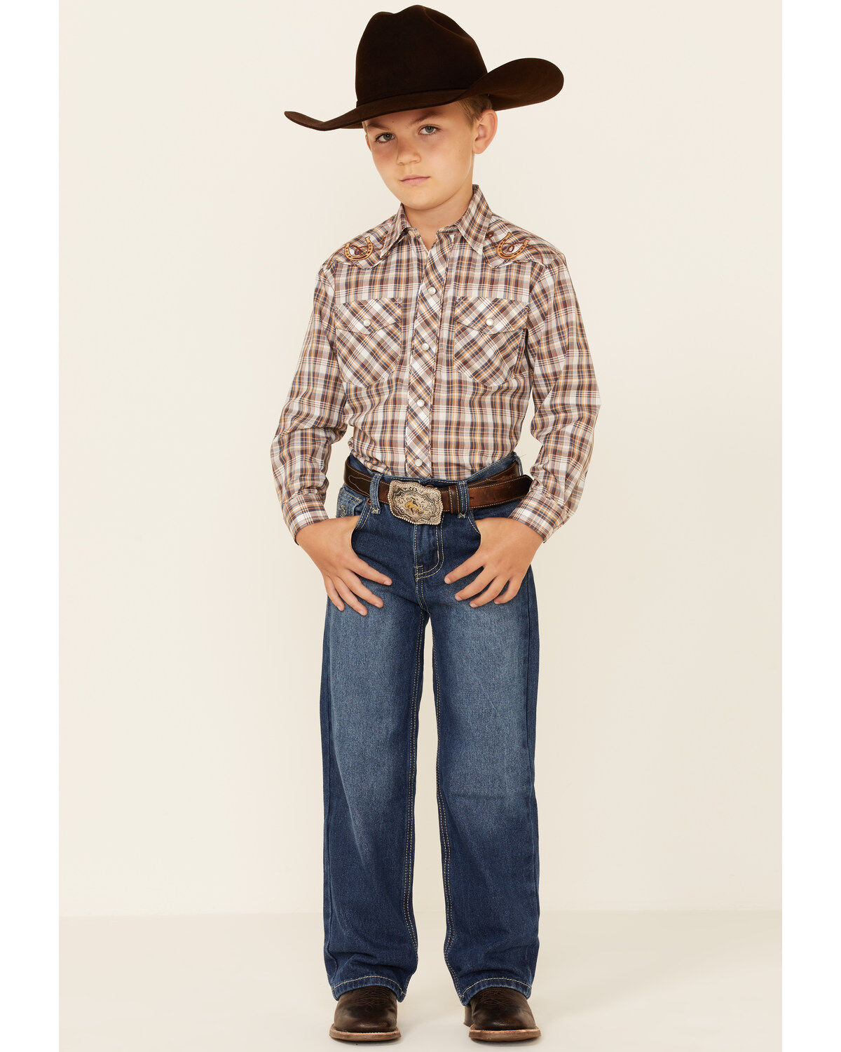 Roper Boys' Plaid Long Sleeve Pearl Snap Western Shirt