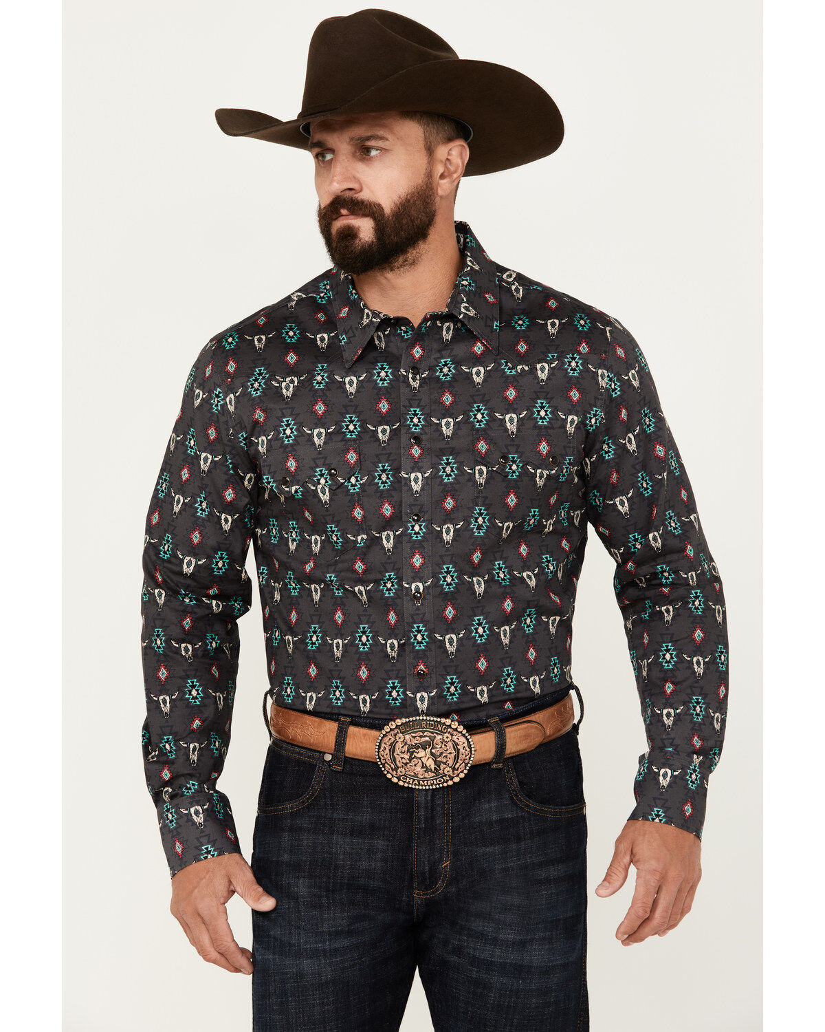 Rock & Roll Denim Men's Southwestern Print Long Sleeve Snap Stretch Western Shirt