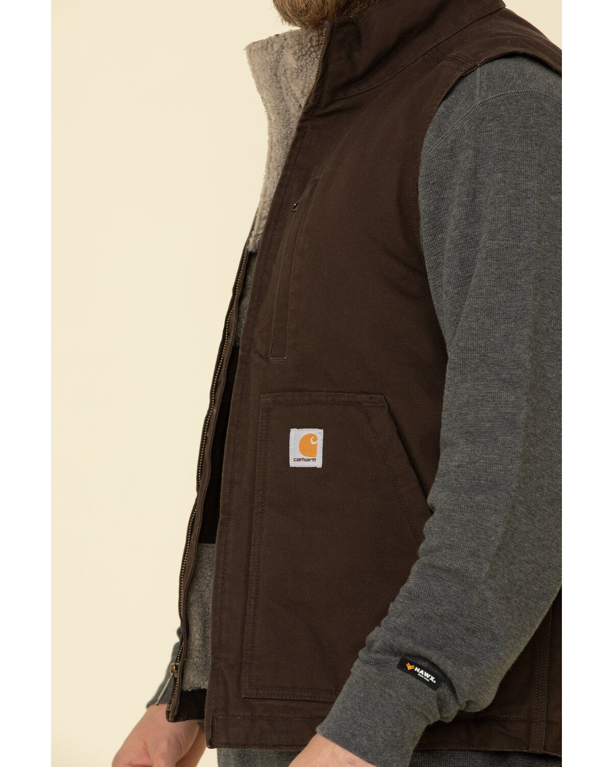 Carhartt Men's Dark Brown Washed Duck Sherpa Lined Mock Neck Loose Fit Work Vest