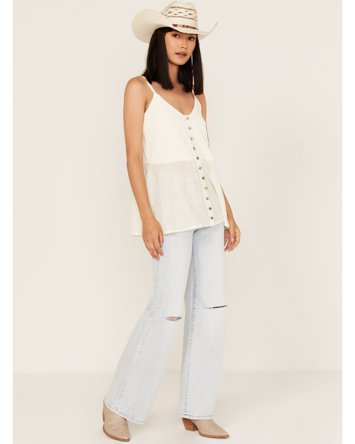 Cleo + Wolf Women's Smocked Button Front Woven Tank Top