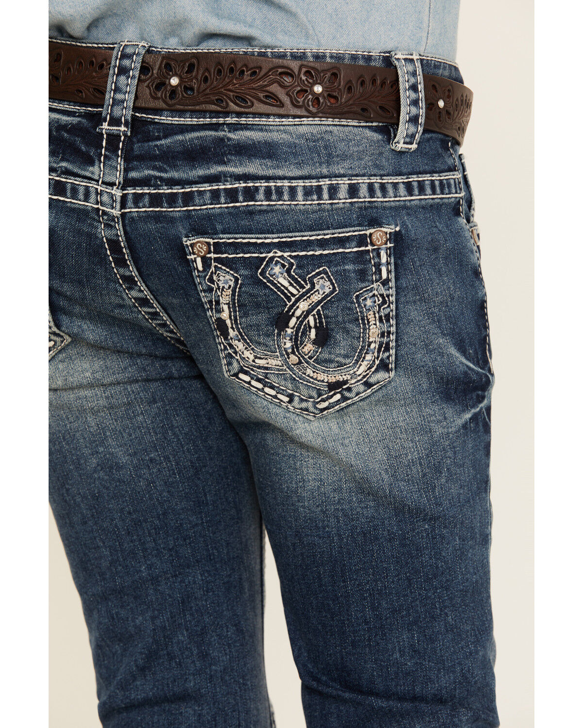 Shyanne Girls' Medium Wash Double Horseshoe Pocket Bootcut Stretch Denim Jeans