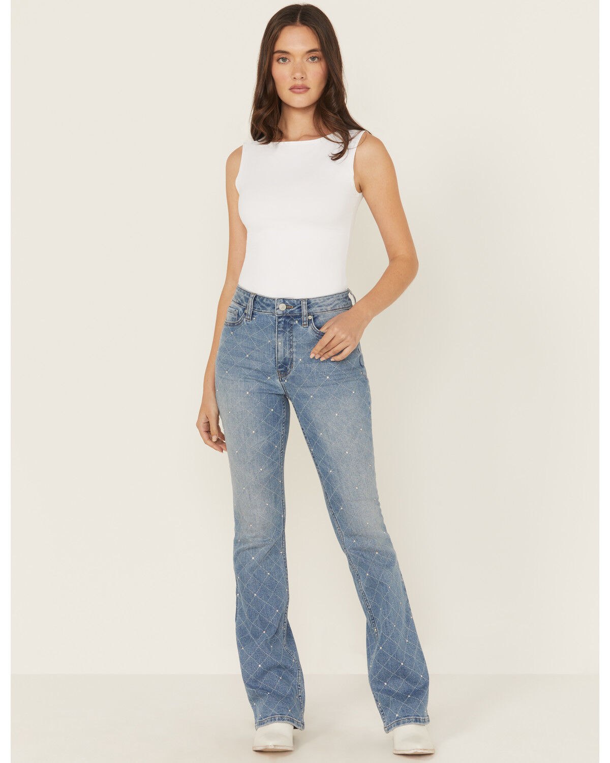 Shyanne Women's Caspian Medium Wash Embellished High Rise Flare Stretch Denim Jeans