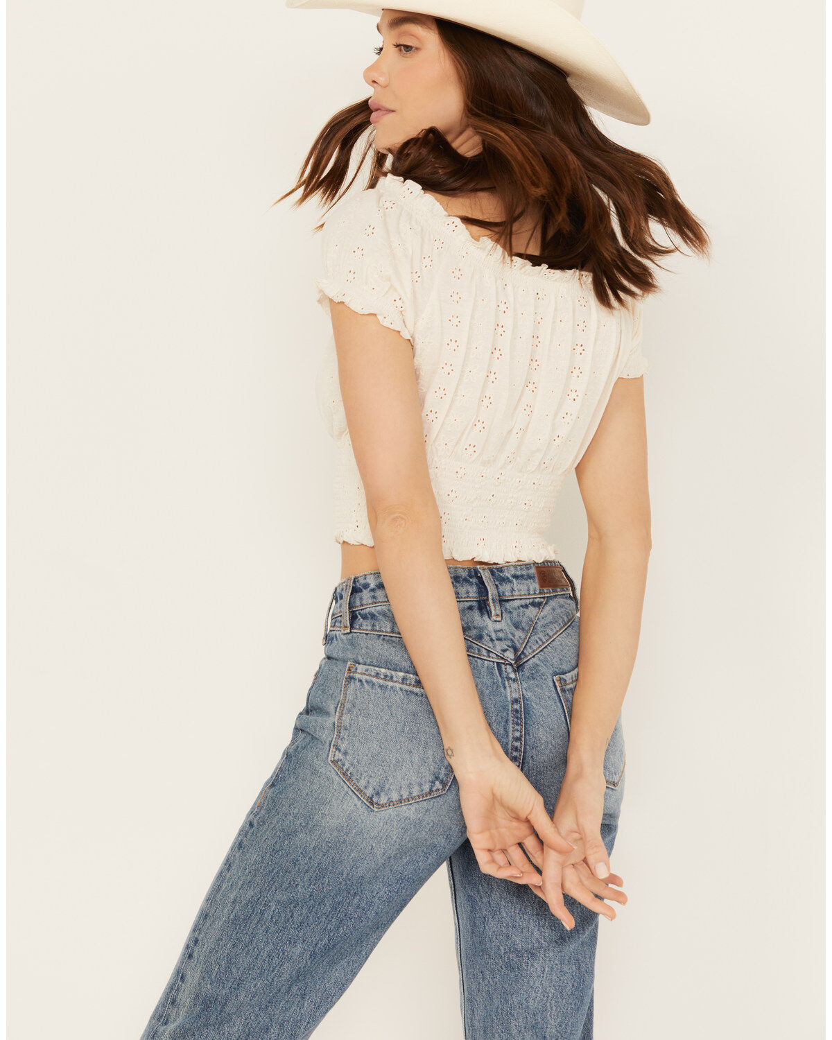 Cleo + Wolf Women's Knit Eyelet Smocked Crop Top