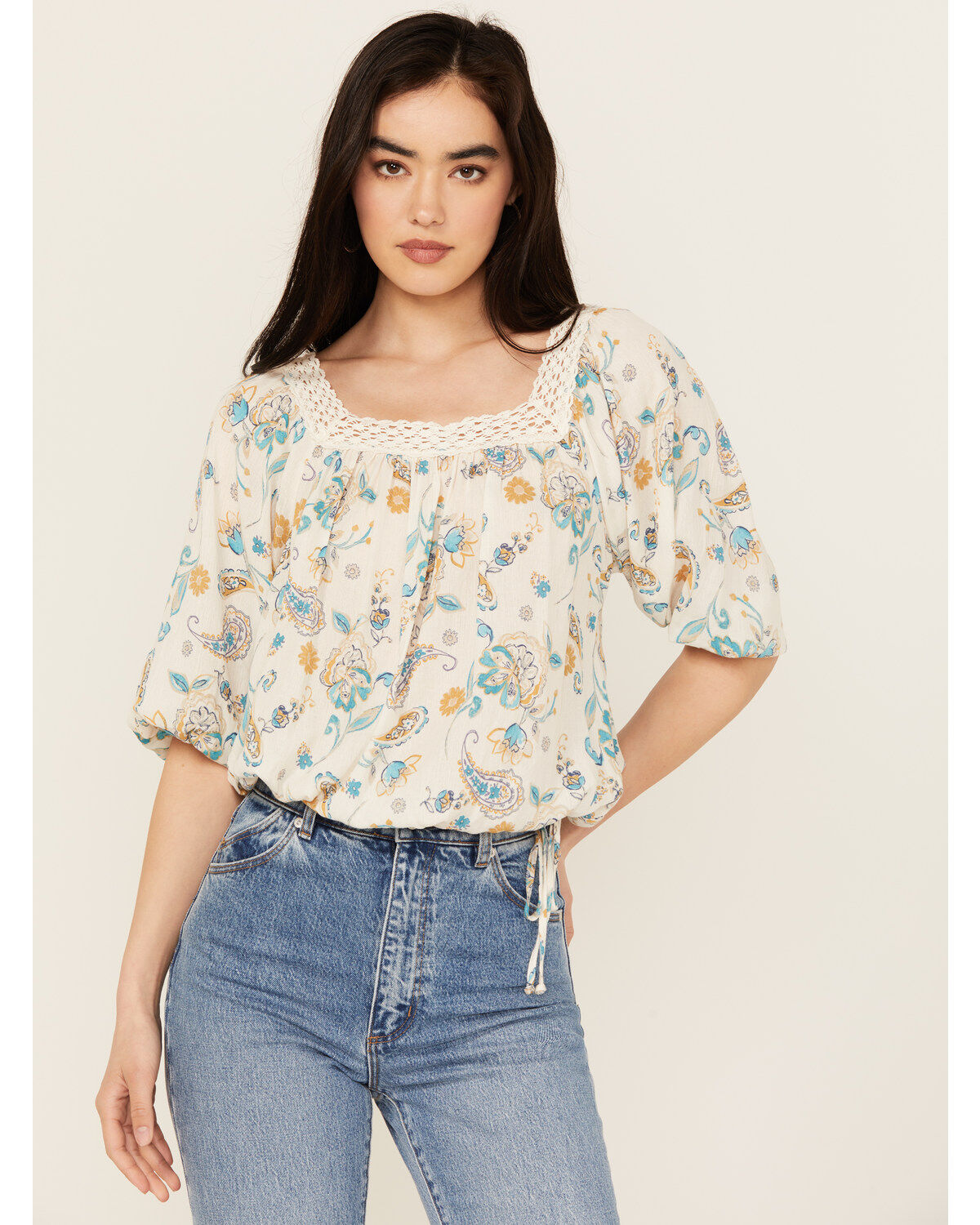 Wild Moss Women's Floral Print Long Sleeve Peasant Top