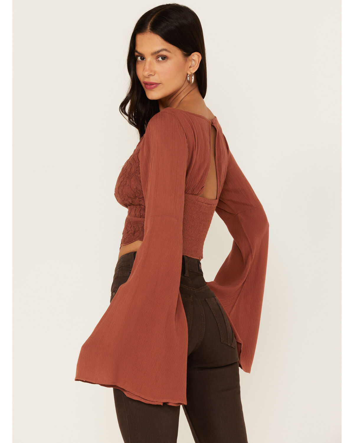 Shyanne Women's Embroidered Mesh Dot Poet Sleeve Crop Top