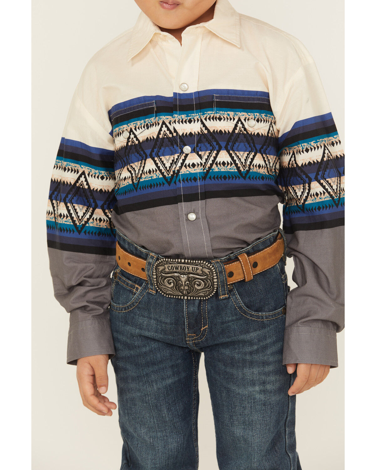 Roper Boys' Southwestern Striped Border Print Long Sleeve Pearl Snap Western Shirt