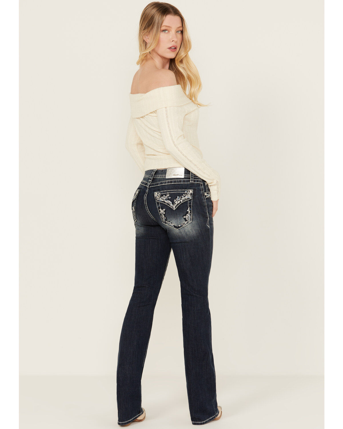 Grace in LA Women's Dark Wash Mid Rise Floral Pocket Bootcut Stretch Denim Jeans