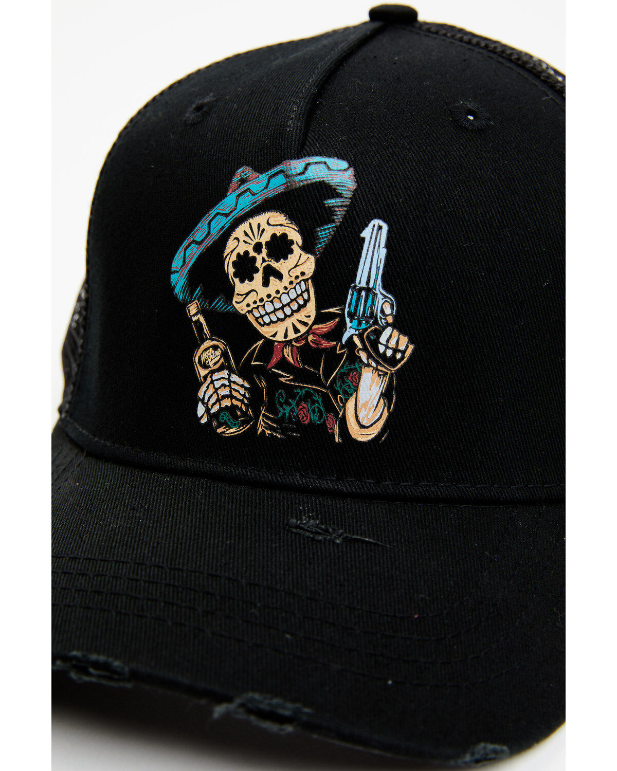 Moonshine Spirit Men's Distressed Whiskey Sombrero Skull Pistol Graphic Mesh Back Ball Cap