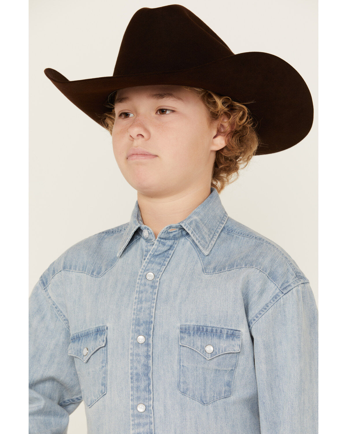Rock & Roll Denim Boys' Light Wash Denim Long Sleeve Pearl Snap Western Shirt