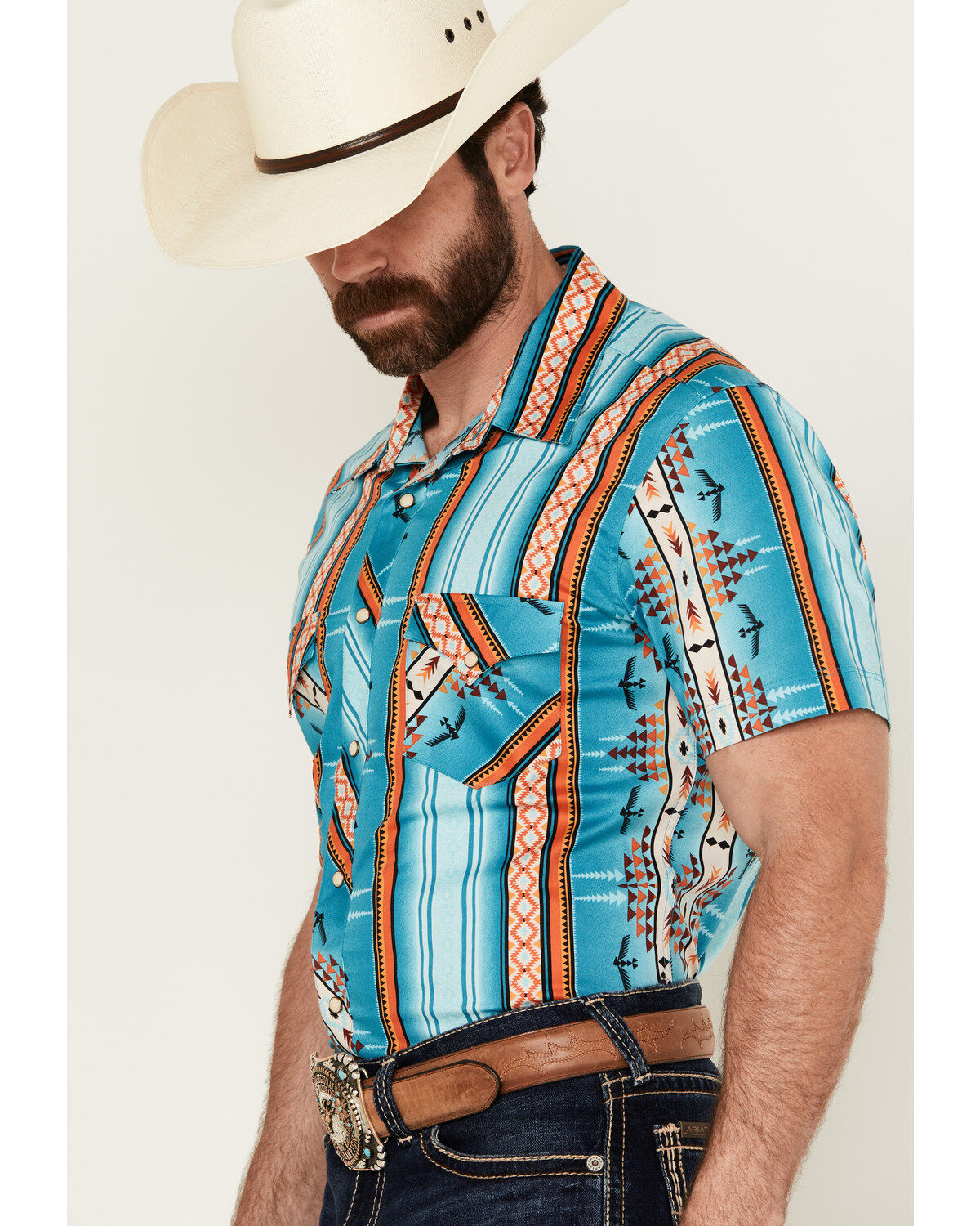 Rock & Roll Denim Men's Southwestern Striped Short Sleeve Snap Stretch Western Shirt