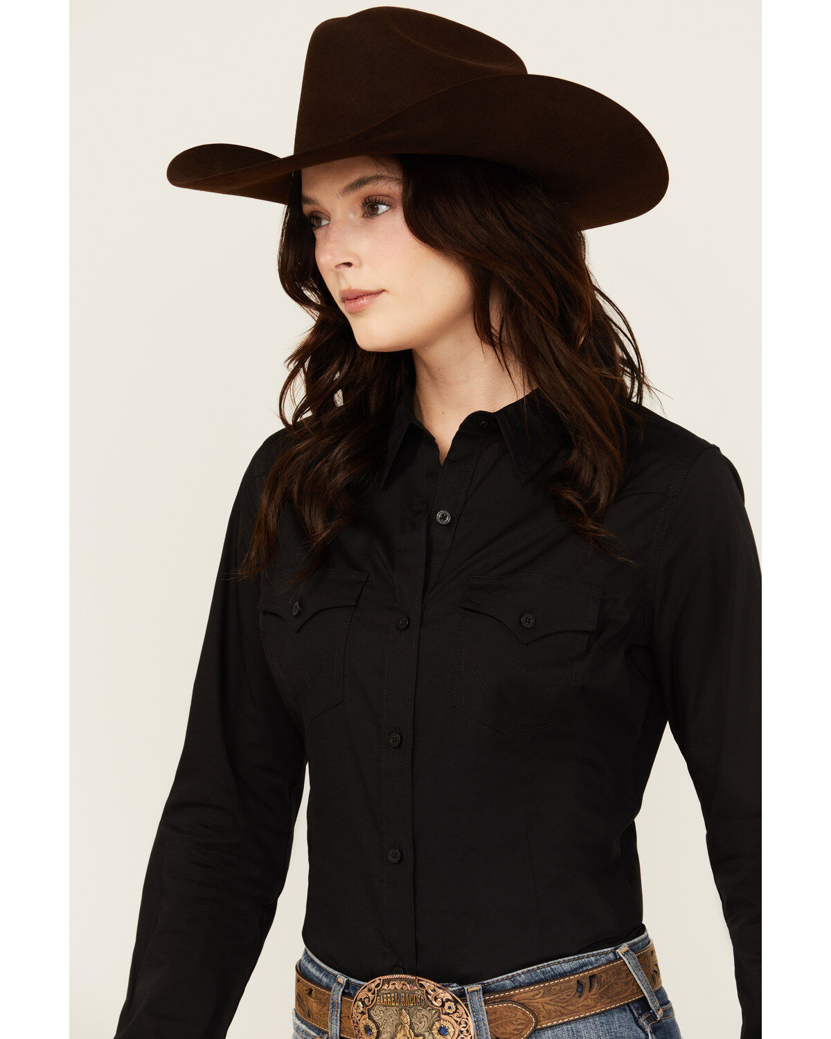 Wrangler Retro Women's Solid Long Sleeve Button-Down Stretch Western Shirt