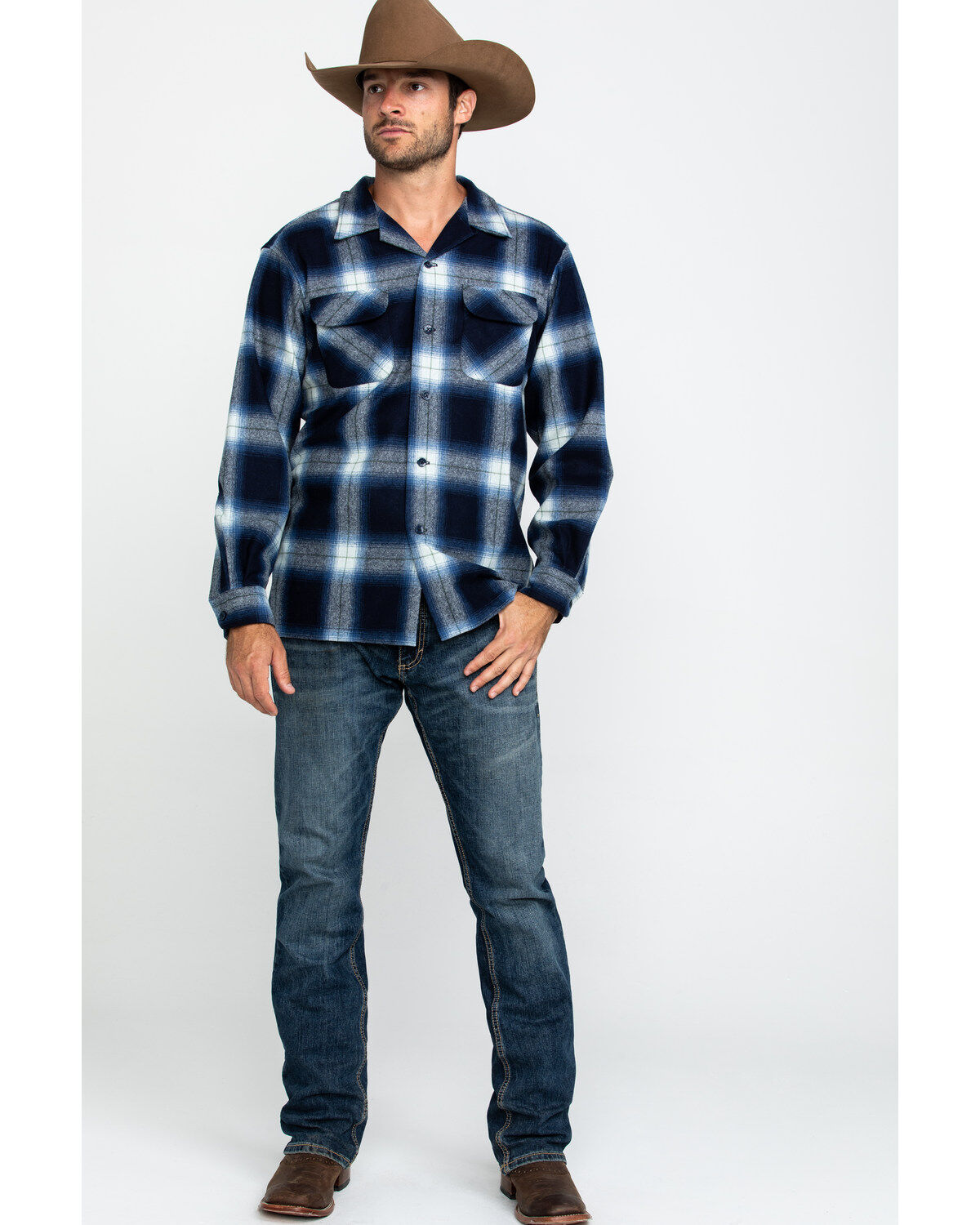 Pendleton Men's Navy Board Oxford Plaid Long Sleeve Western Shirt