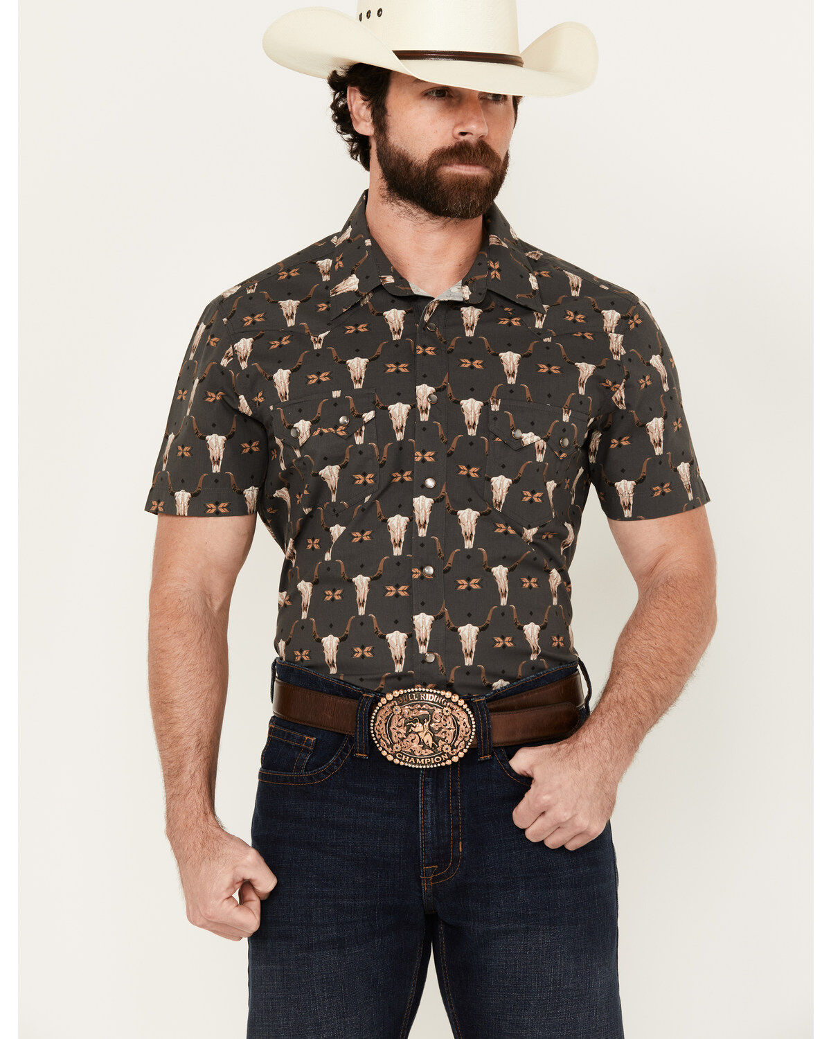 Rock & Roll Denim Men's Vintage 46 Steerhead Print Short Sleeve Snap Stretch Western Shirt