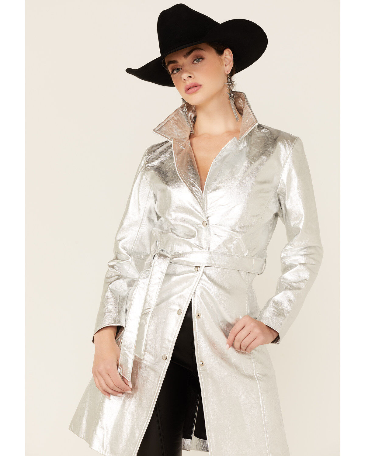 Understated Leather Women's Silver Metallic Moondust Trench Coat