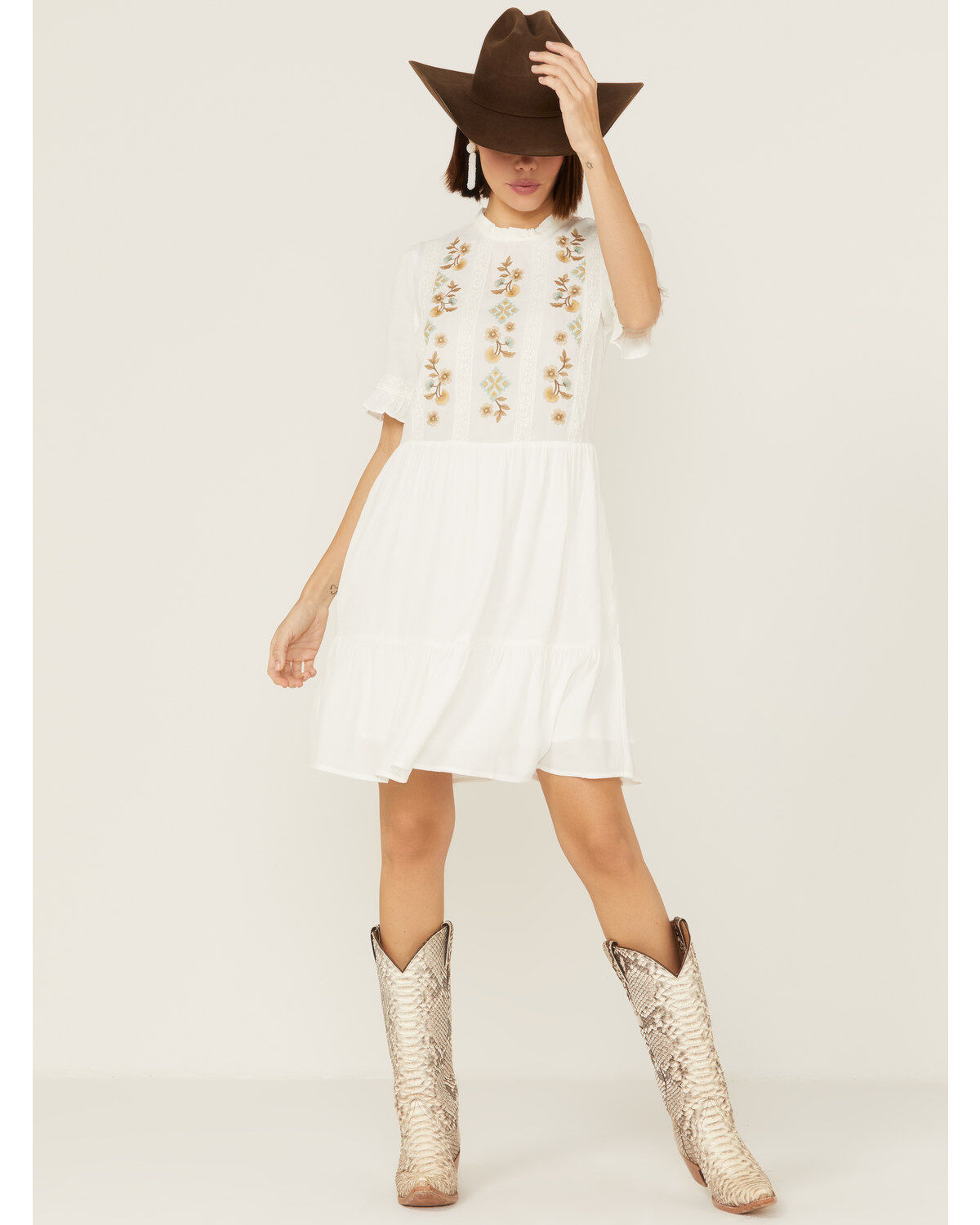 Stetson Women's Embroidered Floral Ruffle Surplice Mini Dress