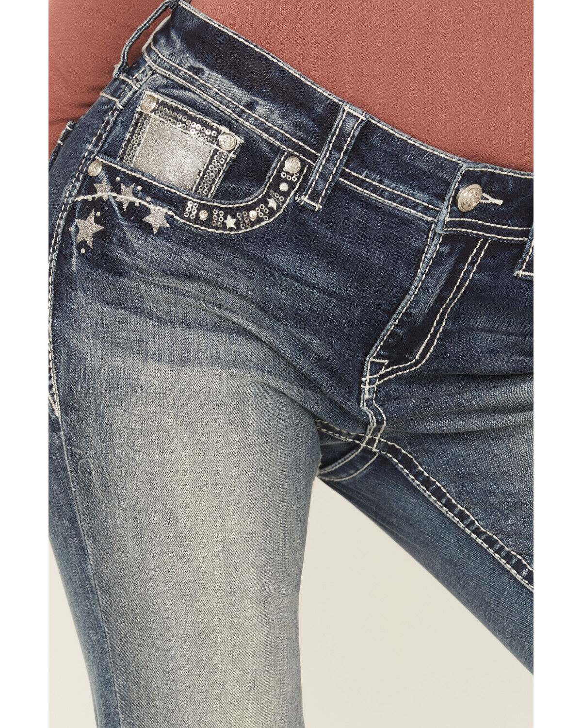 Grace In LA Women's Medium Wash Mid Rise Star Horseshoe Bootcut Stretch Denim Jeans