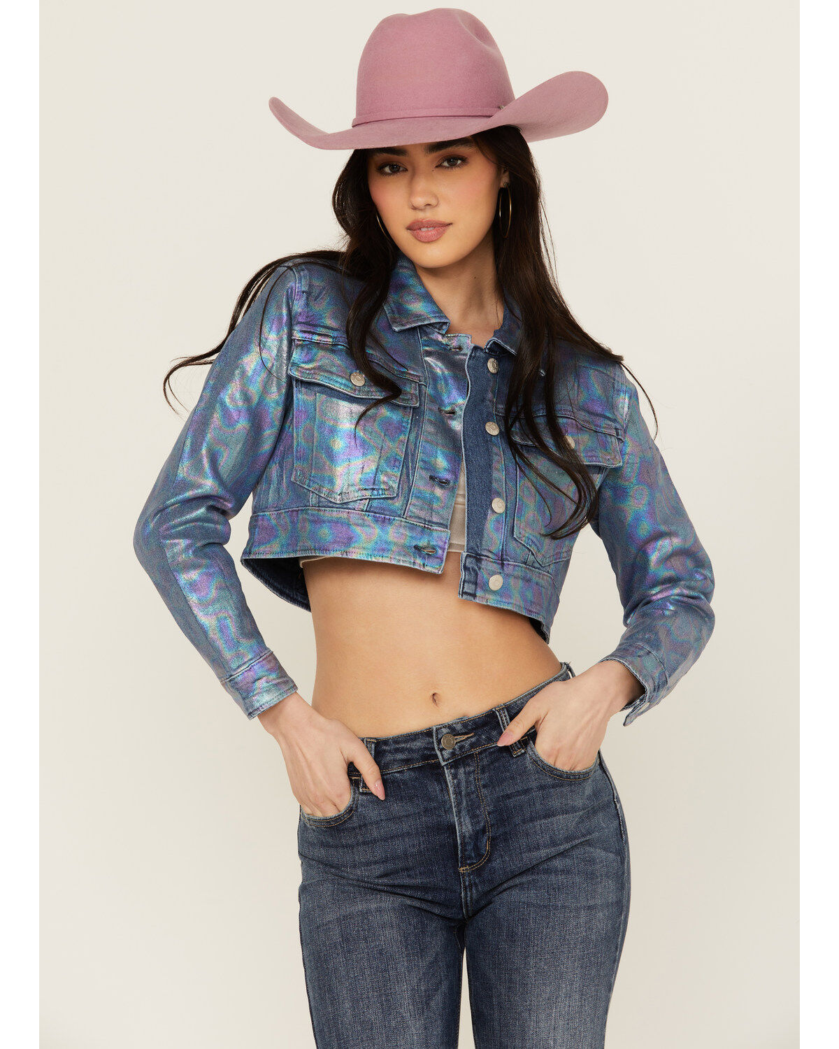 Vibrant Denim Women's Holographic Cropped Denim Jacket