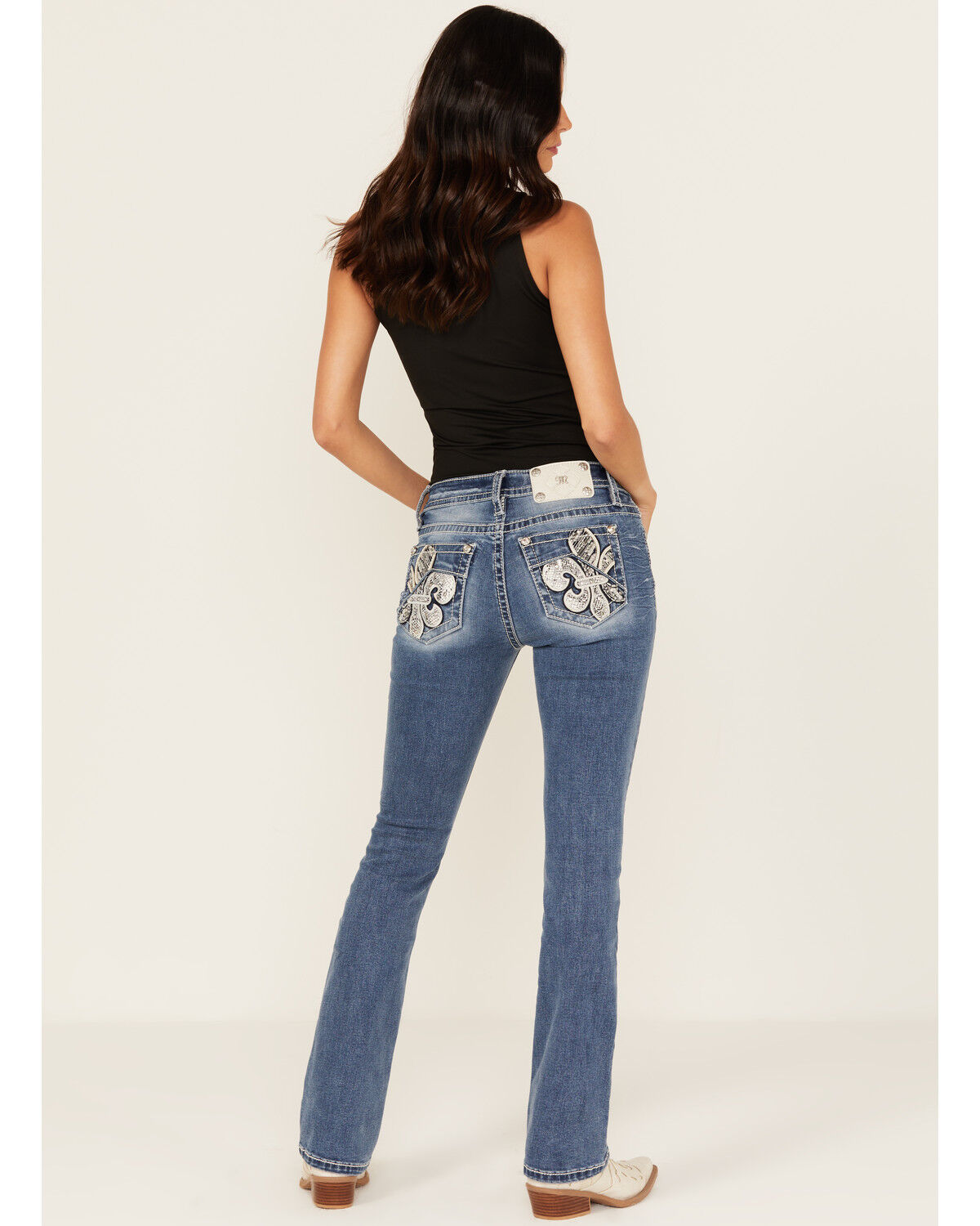 Miss Me Women's Medium Wash Slim Fit Fleur de Lis Pocket Bootcut Stretch Denim Jeans