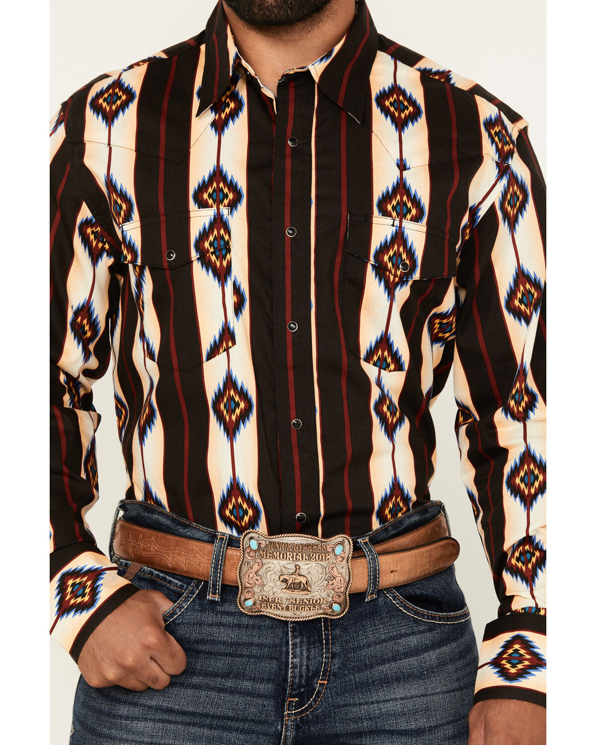 Wrangler Men's Checotah Southwestern Striped Long Sleeve Snap Western Shirt