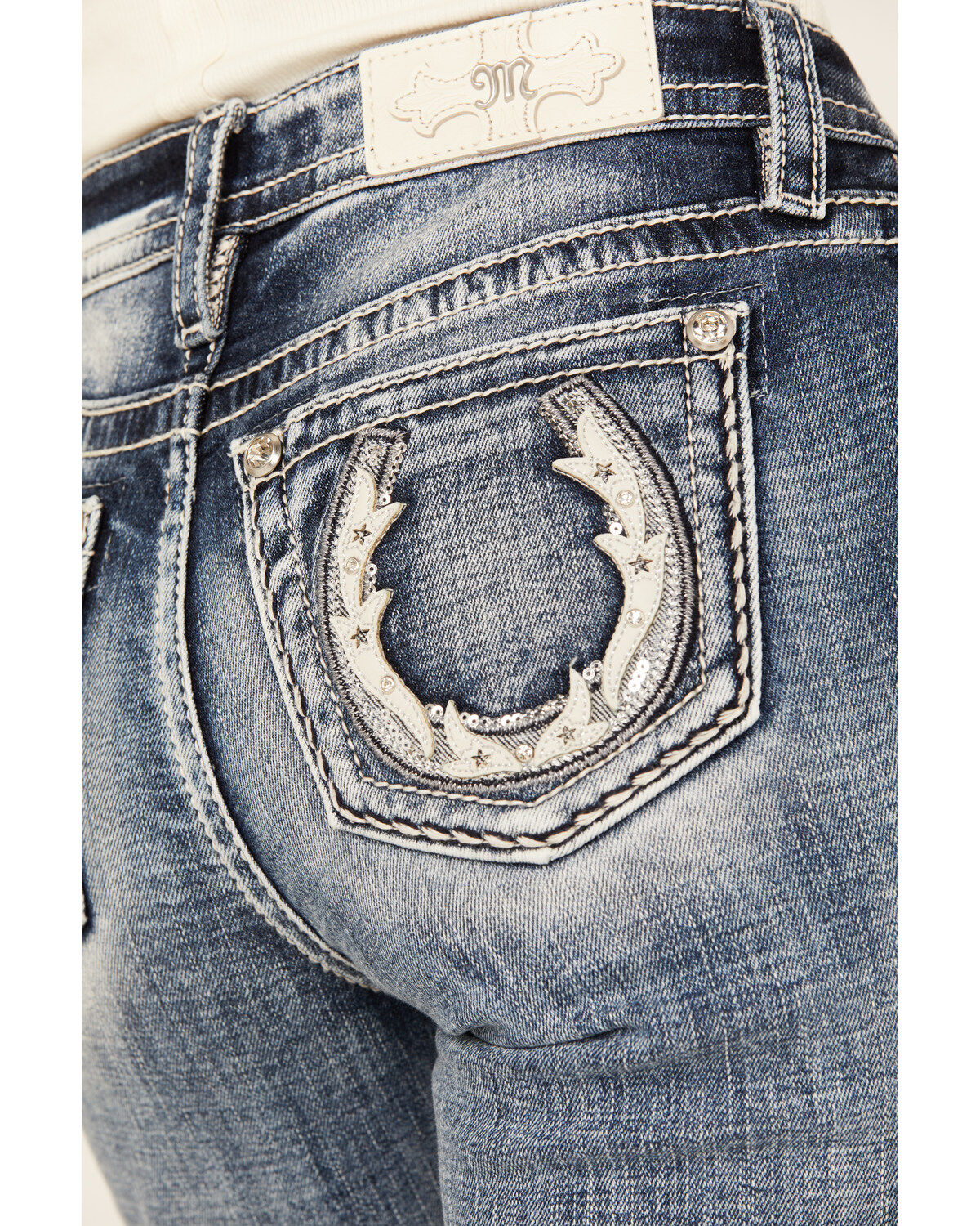 Miss Me Women's Medium Wash Mid Rise Horseshoe Bootcut Stretch Denim Jeans