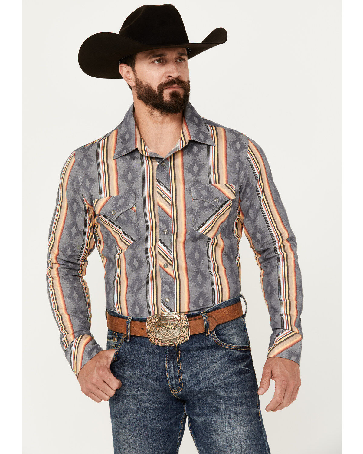 Rock & Roll Denim Men's Serape Striped Print Long Sleeve Stretch Pearl Snap Western Shirt