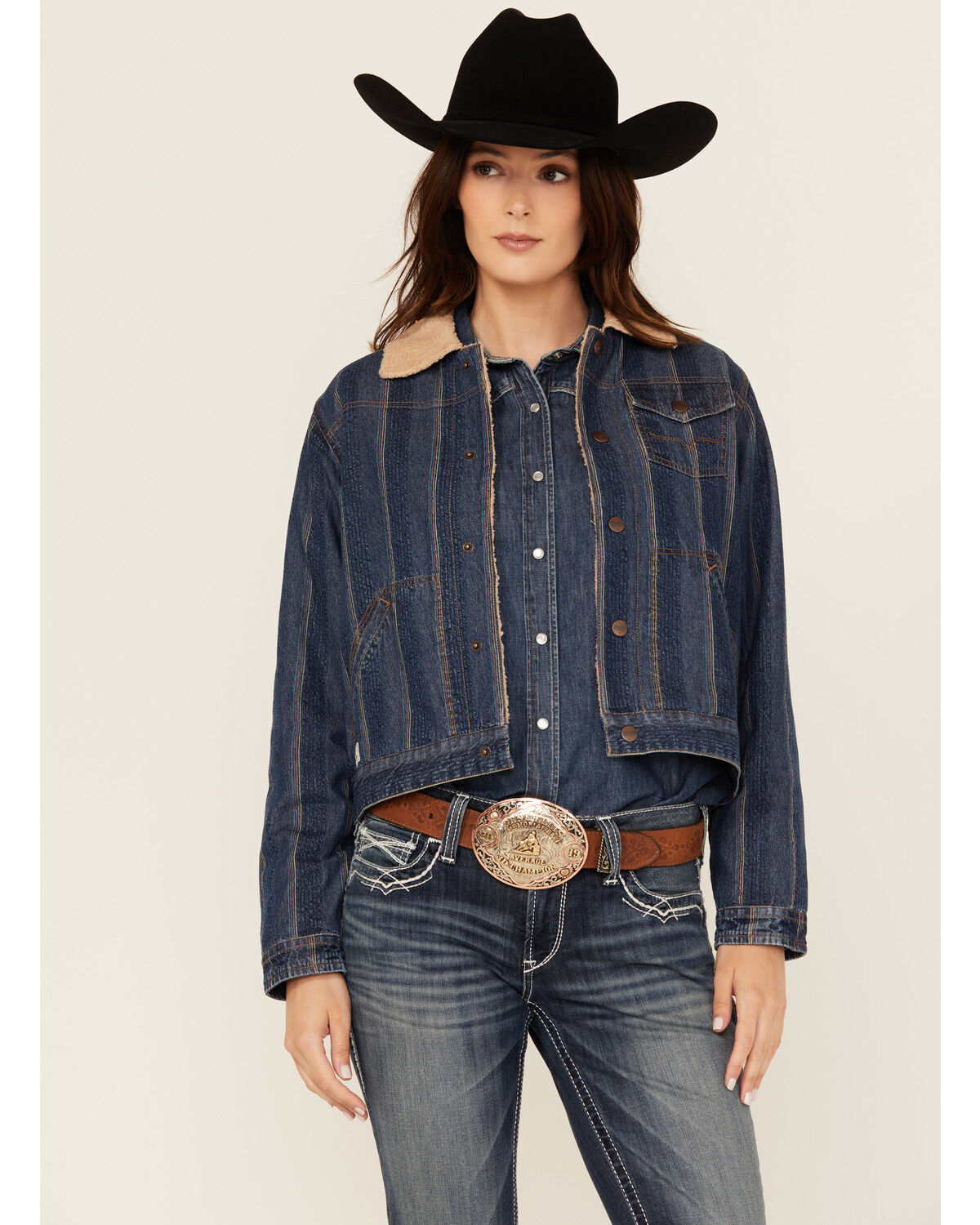 Kimes Ranch Women's Striped Print Sherpa Lined Denim Jacket