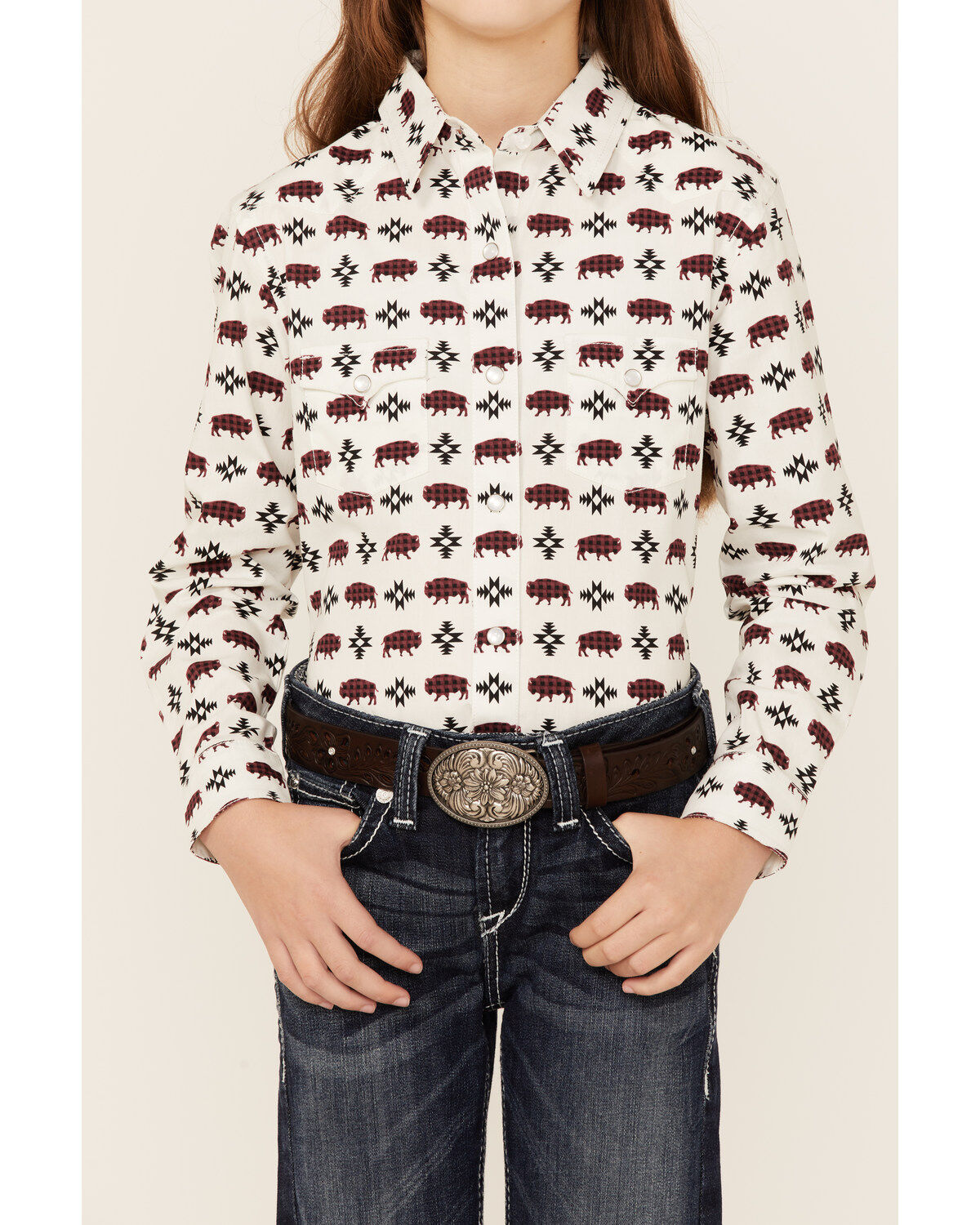 Rock & Roll Denim Girls' Southwestern Buffalo Print Pearl Snap Western Shirt