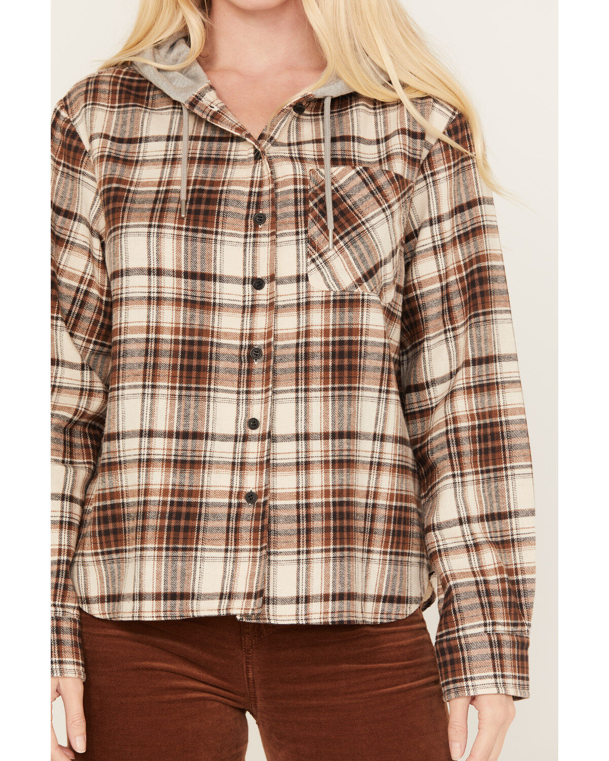 Cleo + Wolf Women's Tau Plaid Print Hooded Flannel Long Sleeve Shirt
