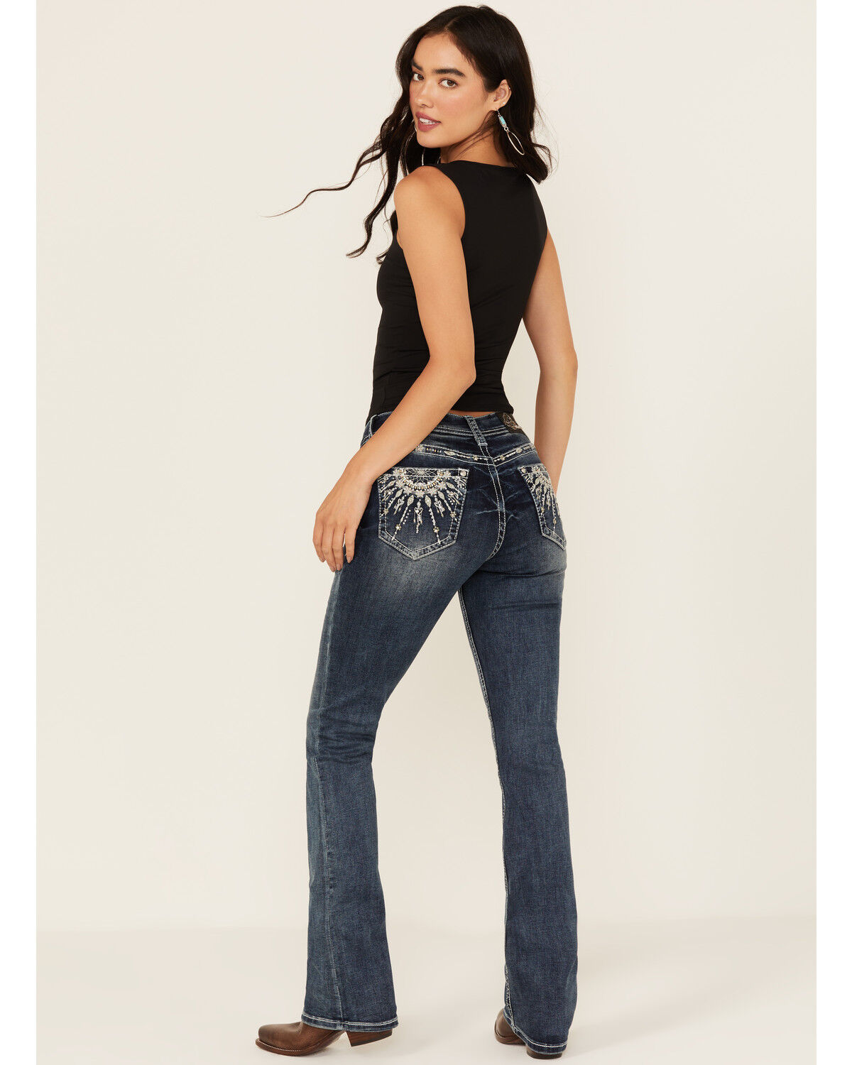 Grace In LA Women's Medium Wash Dream Catcher Embroidered Mid Rise Bootcut Stretch Denim Jeans