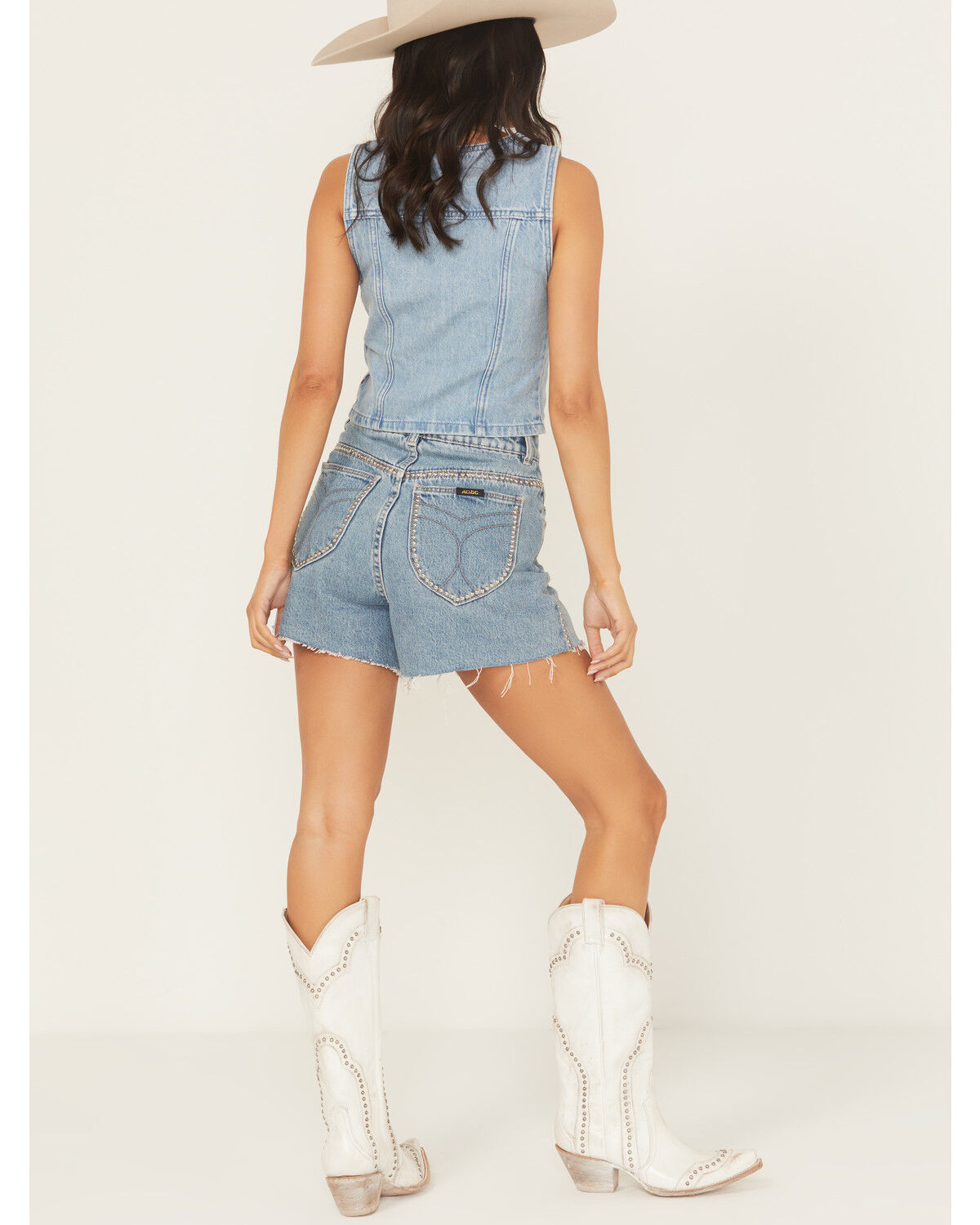 Rolla's X AC/DC Women's Medium Wash High Rise Studded Mirage Cut-Off Denim Shorts