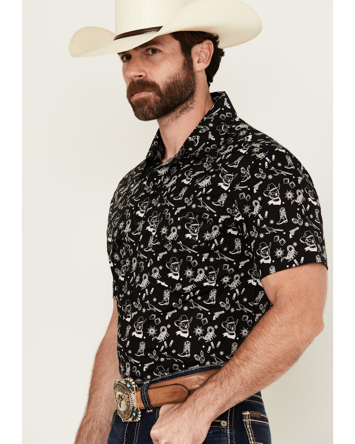 Rock & Roll Denim Men's Tattoo Print Short Sleeve Pearl Snap Stretch Western Shirt