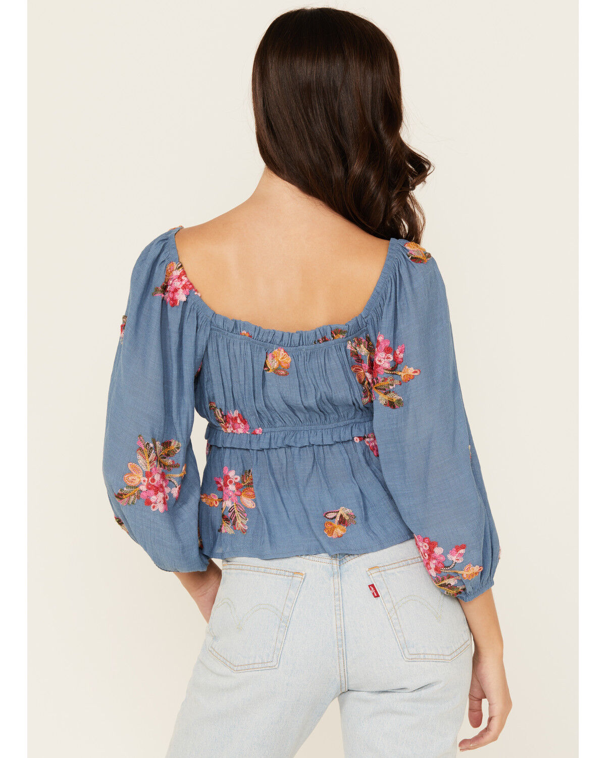 Wild Moss Women's Floral Embroidered 3/4 Sleeve Top