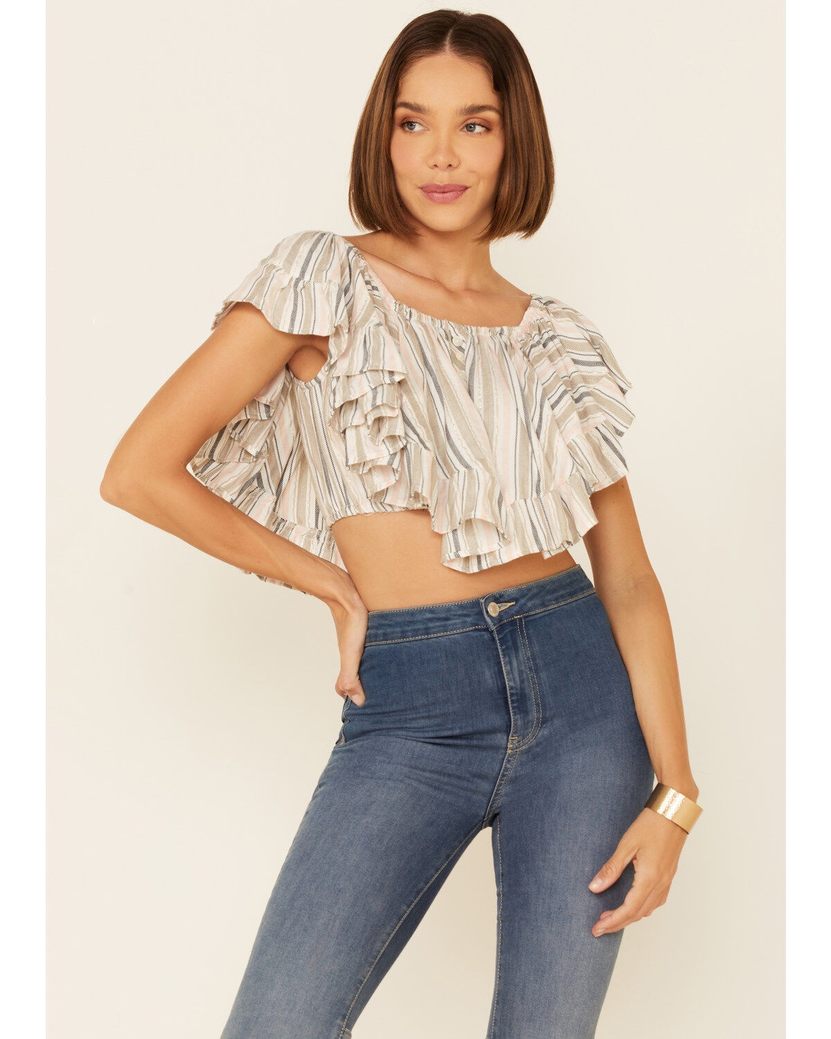 Angie Women's Stripe Butterfly Short Sleeve Crop Top