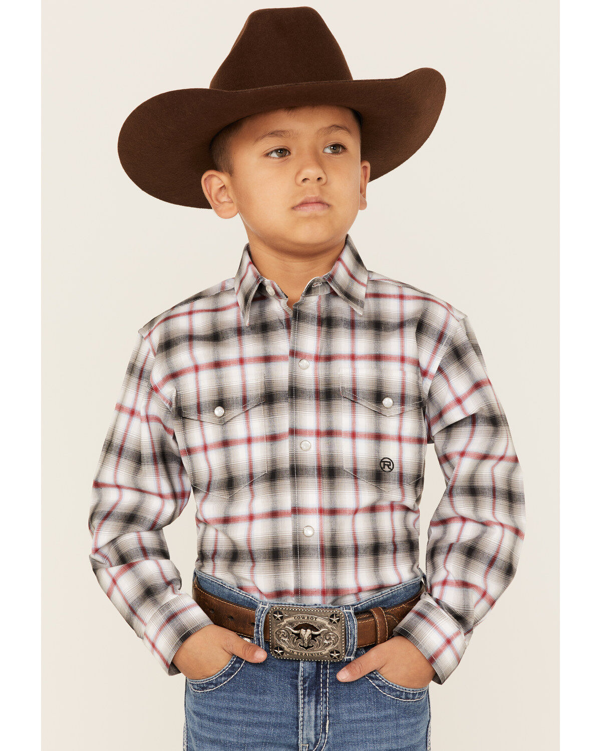 Roper Boys' Amarillo Plaid Print Long Sleeve Western Pearl Snap Shirt