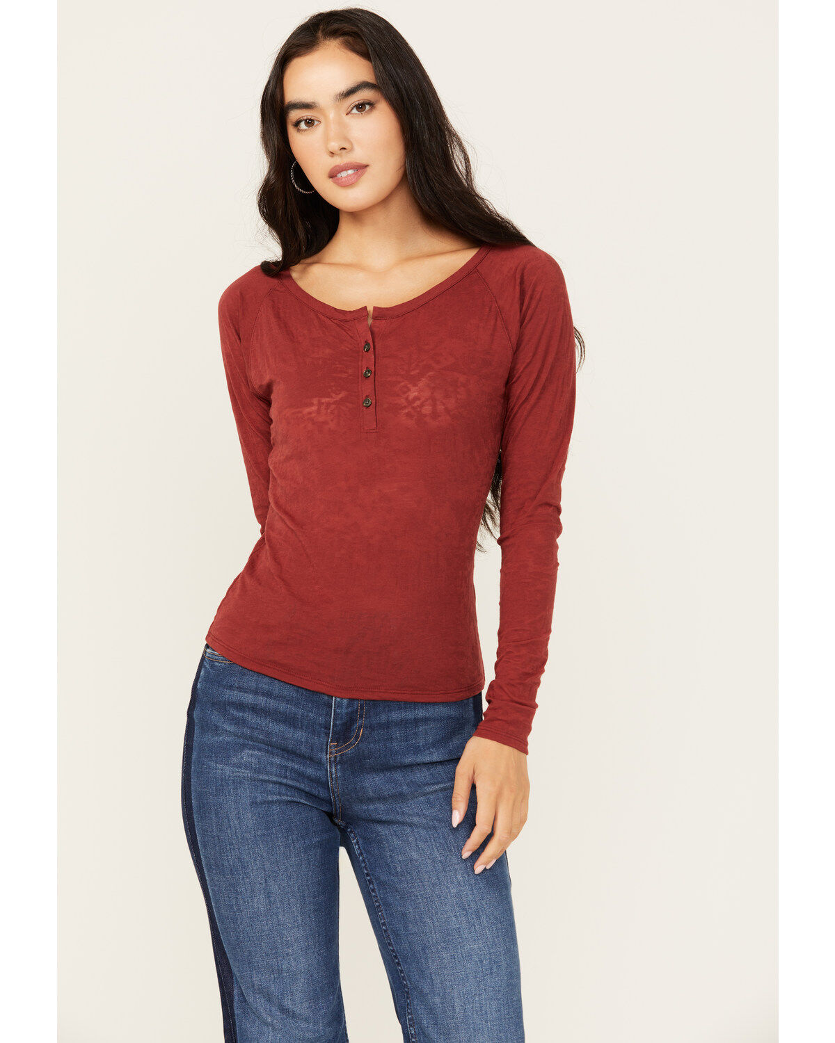 Shyanne Women's Long Sleeve Southwest Burnout Print Henley Shirt
