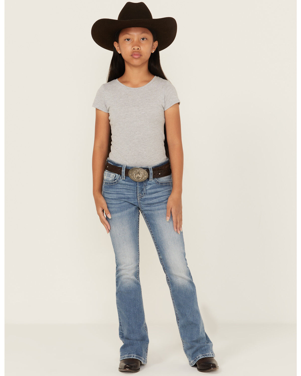 Miss Me Girls' Light Wash Winged Pocket Bootcut Stretch Denim Jeans