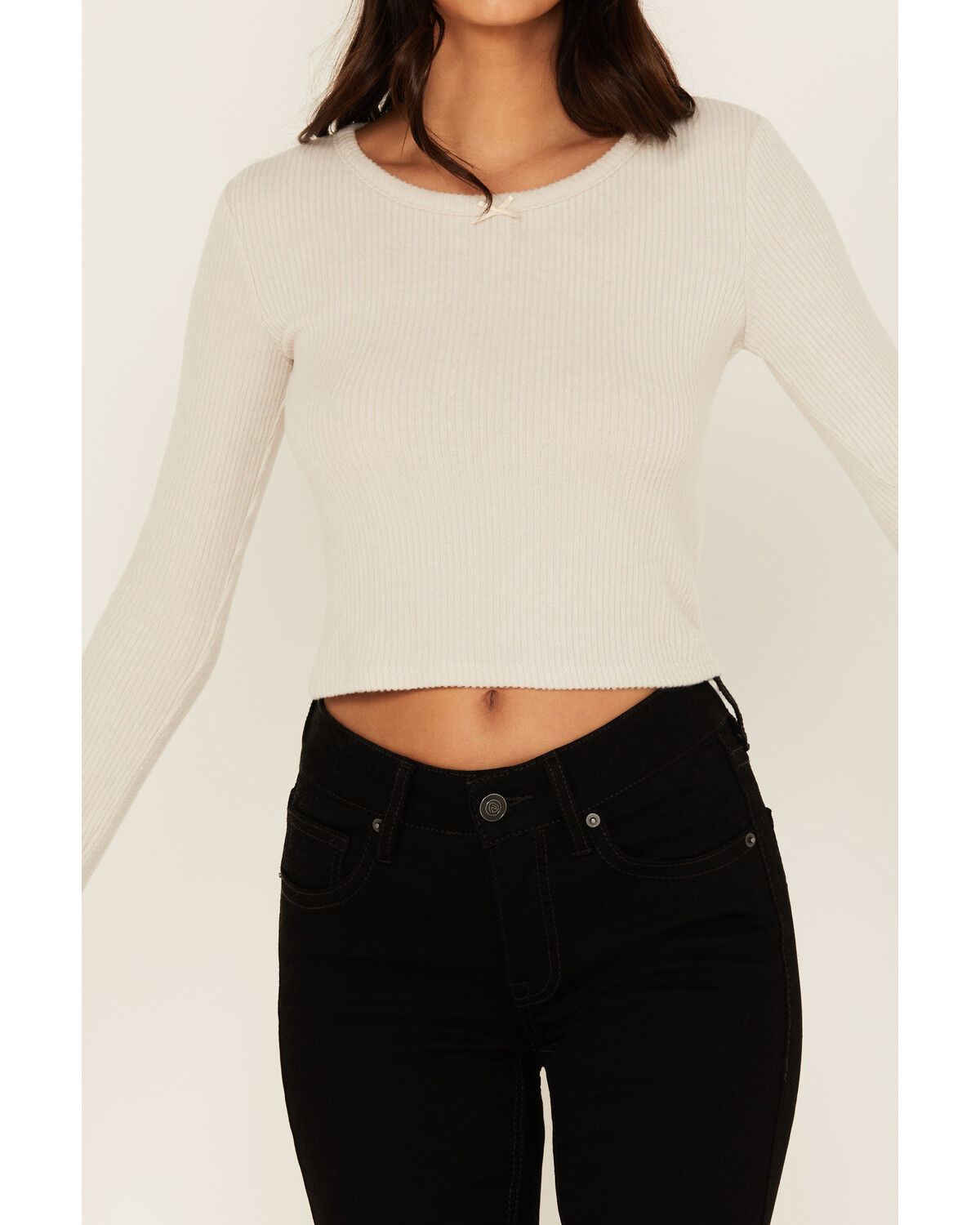 Originality Women's Solid Rib Knit Long Sleeve Cropped Shirt