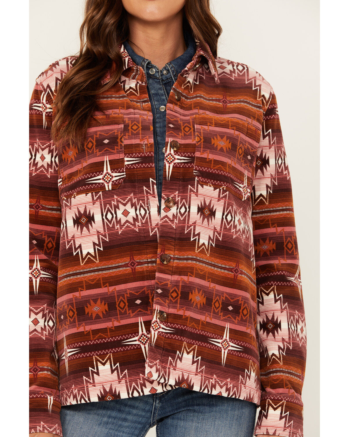 Shyanne Women's Southwestern Striped Print Corduroy Barn Shacket